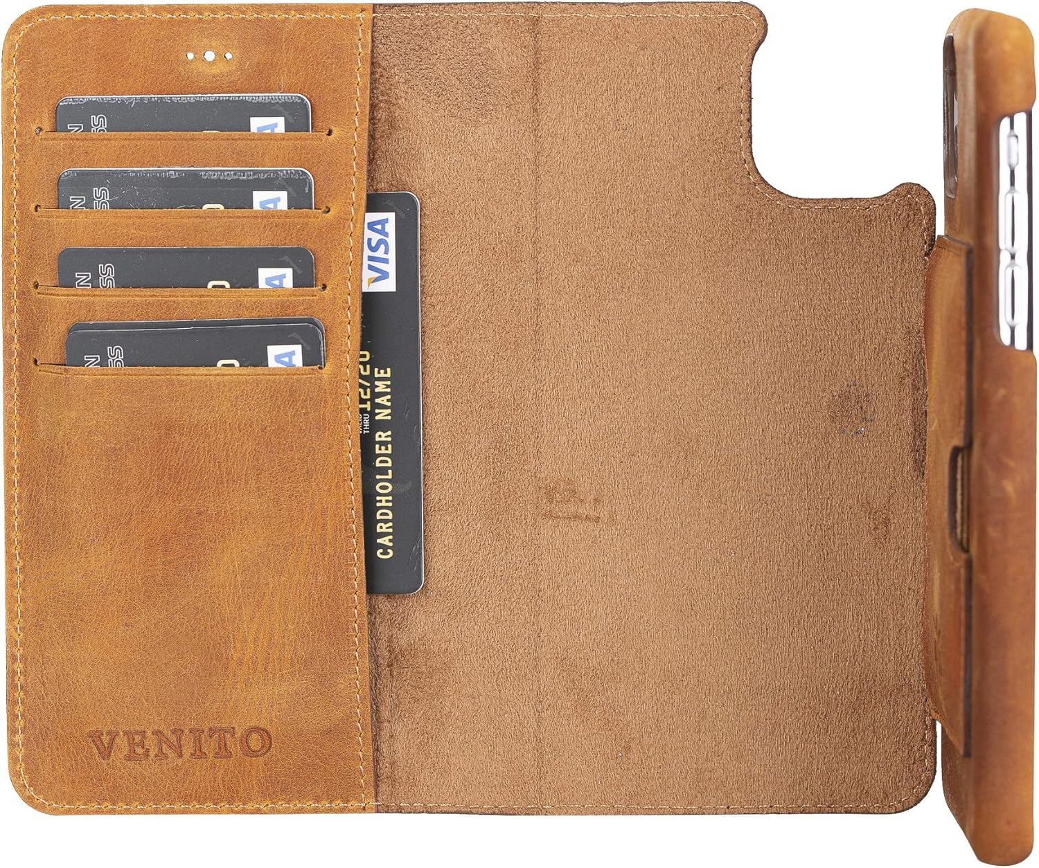 Venito Florence – Funda de piel tipo cartera compatible con iPhone 11 Pro Max, extra segura con bloqueo RFID, cartera desmontable para teléfono
