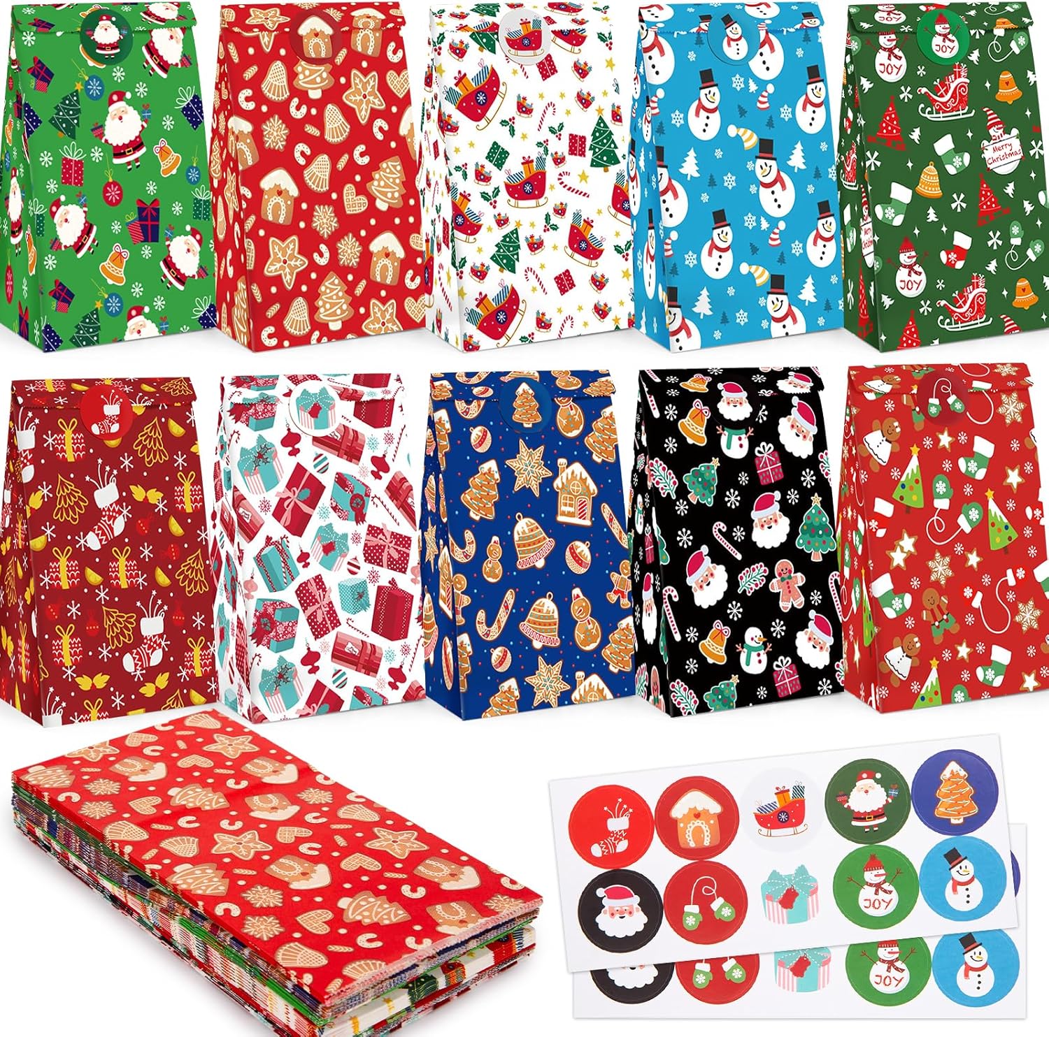 JOHOUSE 54 bolsas de regalos de Navidad, bolsas de regalo de Navidad con calcomanías de sellado, bolsas de regalo de Navidad para galletas,