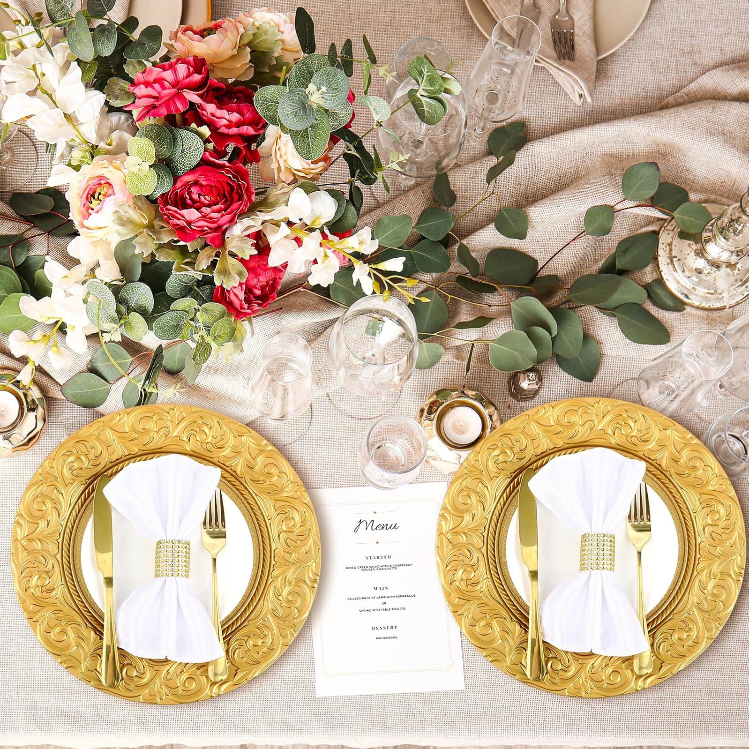 Uiifan Platos de carga antiguos a granel de plástico en relieve de 13 pulgadas, platos florales redondos para bodas, cargadores decorativos para