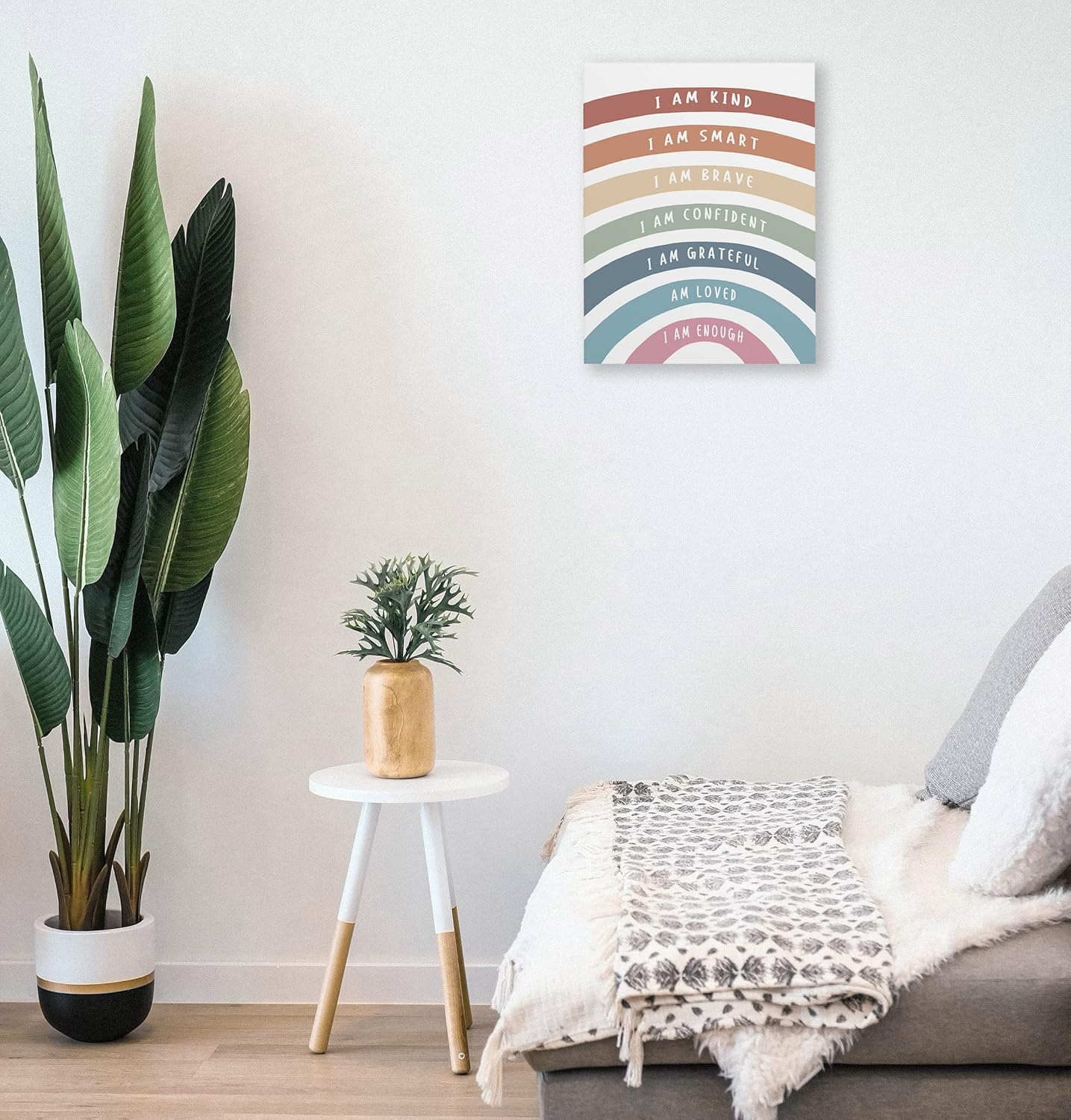 Lienzo enmarcado con texto en inglés “I Am Kind Smart Brave Positive Affirmations – Decoración de pared de 11 x 14 pulgadas, diseño bohemio de arco
