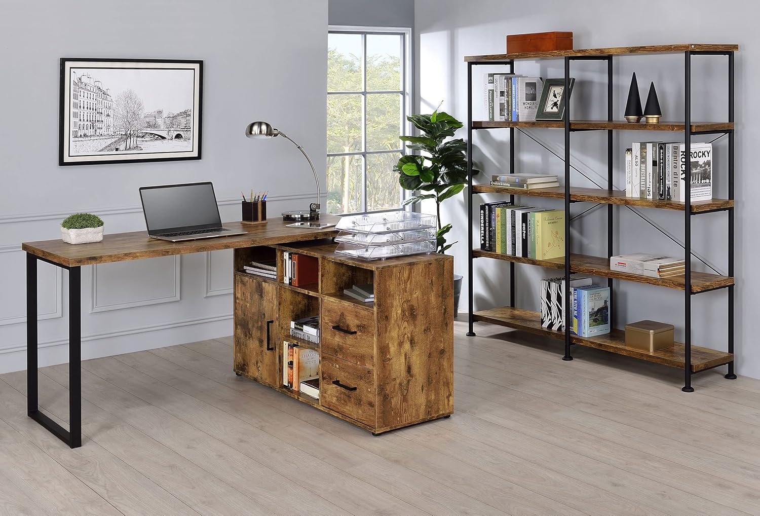 Coaster Analiese Rustic Industrial – Estantería doble de madera con 4 estantes y marco de metal negro, nuez moscada marrón