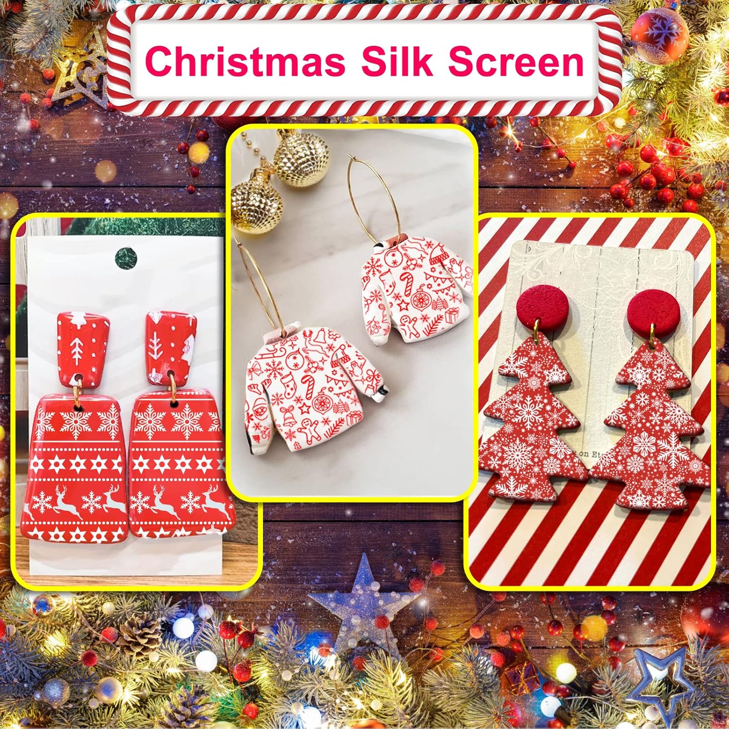 BUSOHA Plantillas de pantalla de seda de Navidad para arcilla polimérica, 3 pantallas de seda reutilizables con 2 raspadores de arcilla para