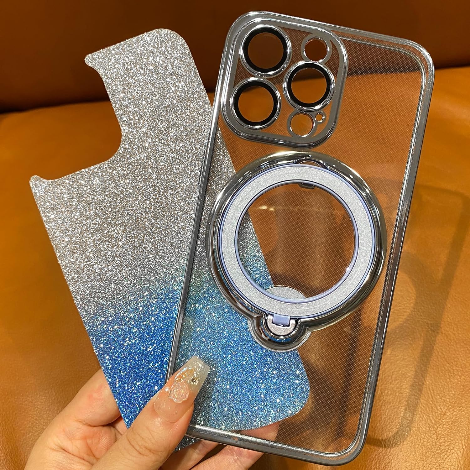 Funda magnética con purpurina para iPhone 15 Pro Max con soporte de anillo giratorio, compatible con MagSafe protector de lente de cámara chapado de