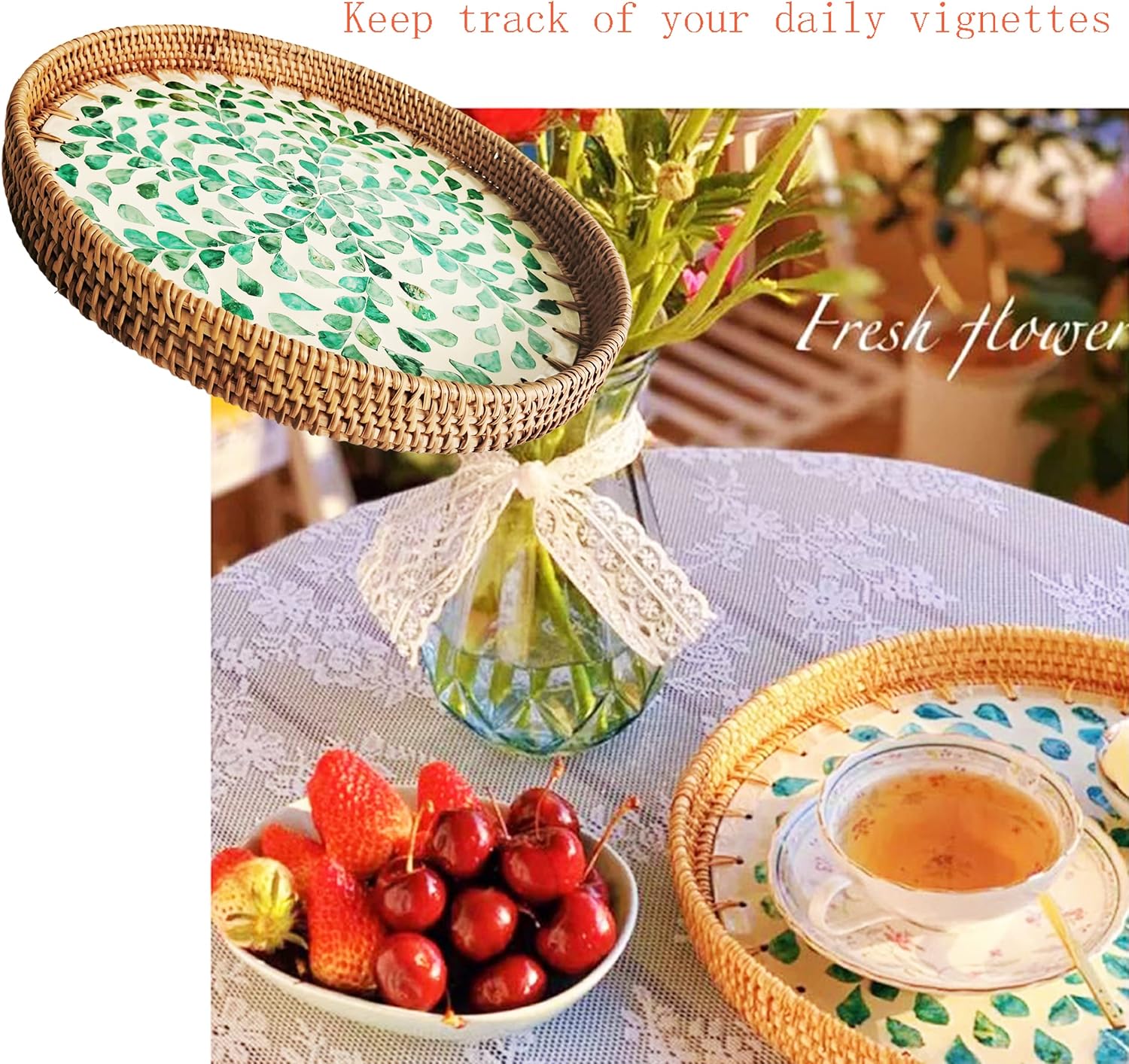 cosybeau Bandeja redonda de ratán de 11.81 pulgadas con incrustaciones de madreperla, bandeja decorativa de Navidad para mesa de café, cesta tejida