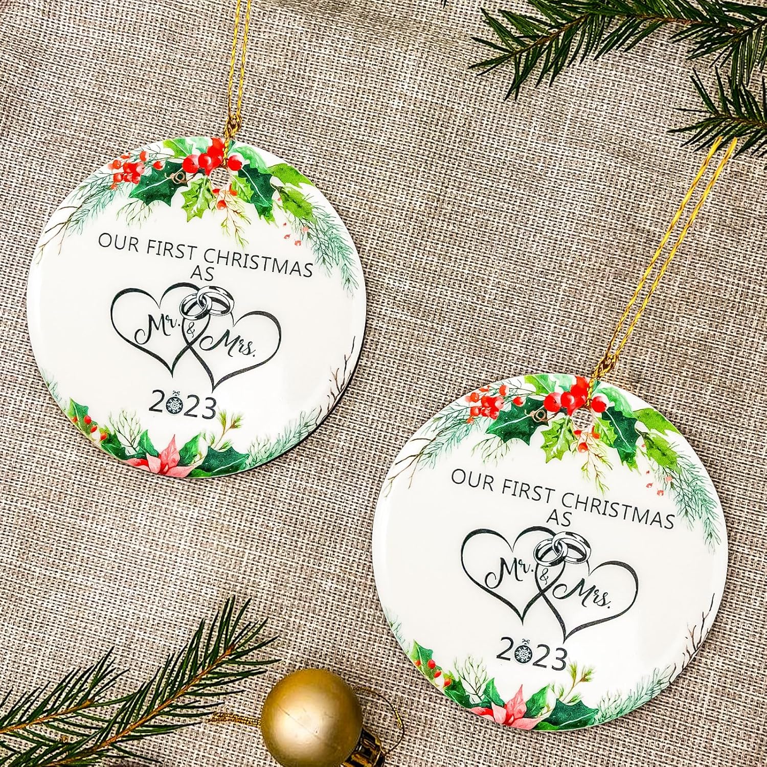 Adorno de Navidad para casados 2023, adornos de Navidad juntos con impresión de doble cara, recuerdo de cerámica, regalos de boda de recién casados