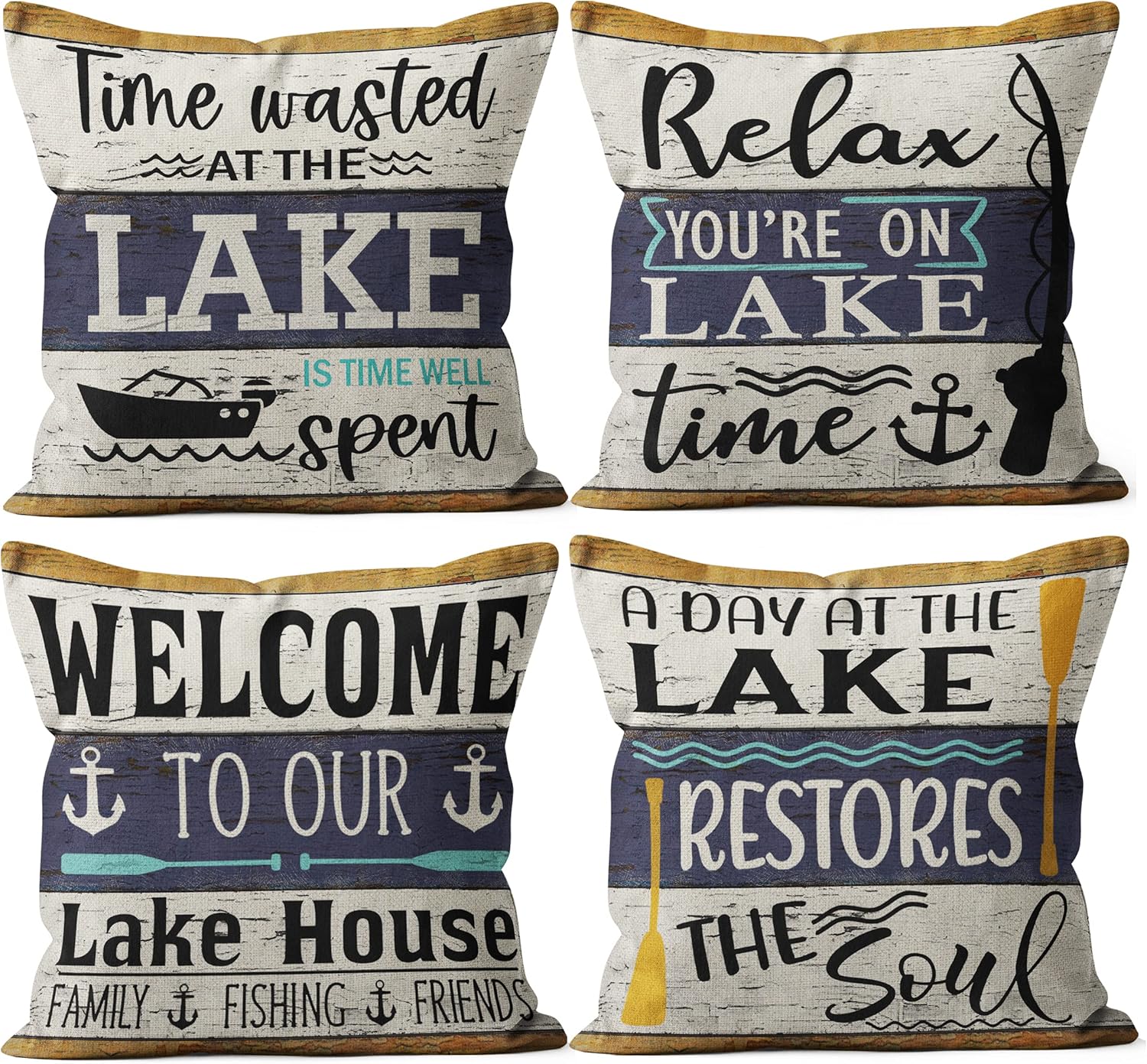Relax You’re On Lake Time, juego de 4 fundas de almohada, decoración de paleta de lago, decoración de casa de lago, fundas de almohada para sofá
