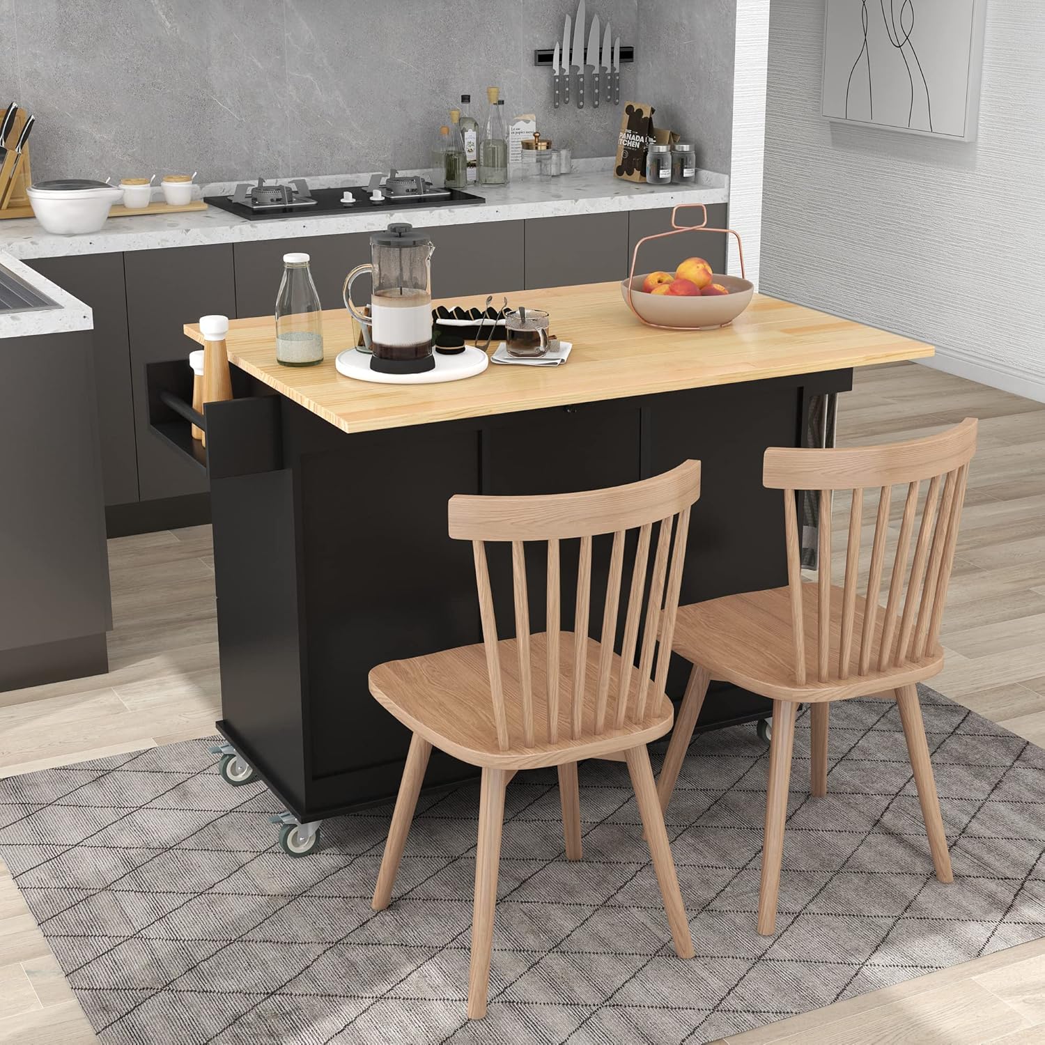 Merax Isla de cocina móvil rodante con parte superior de madera y barra de desayuno de hojas caídas, gabinetecajonesruedas de bloqueoestante para