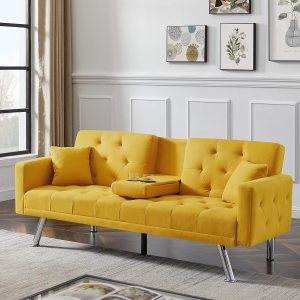 Cama futón plegable convertible tapizada de lino, sofá biplaza capitoné con botones, espacio de vida compacto, apartamento, dormitorio, habitación Cama futón plegable convertible tapizada de lino, sofá biplaza capitoné con botones, espacio de vida compacto, apartamento, dormitorio, habitación