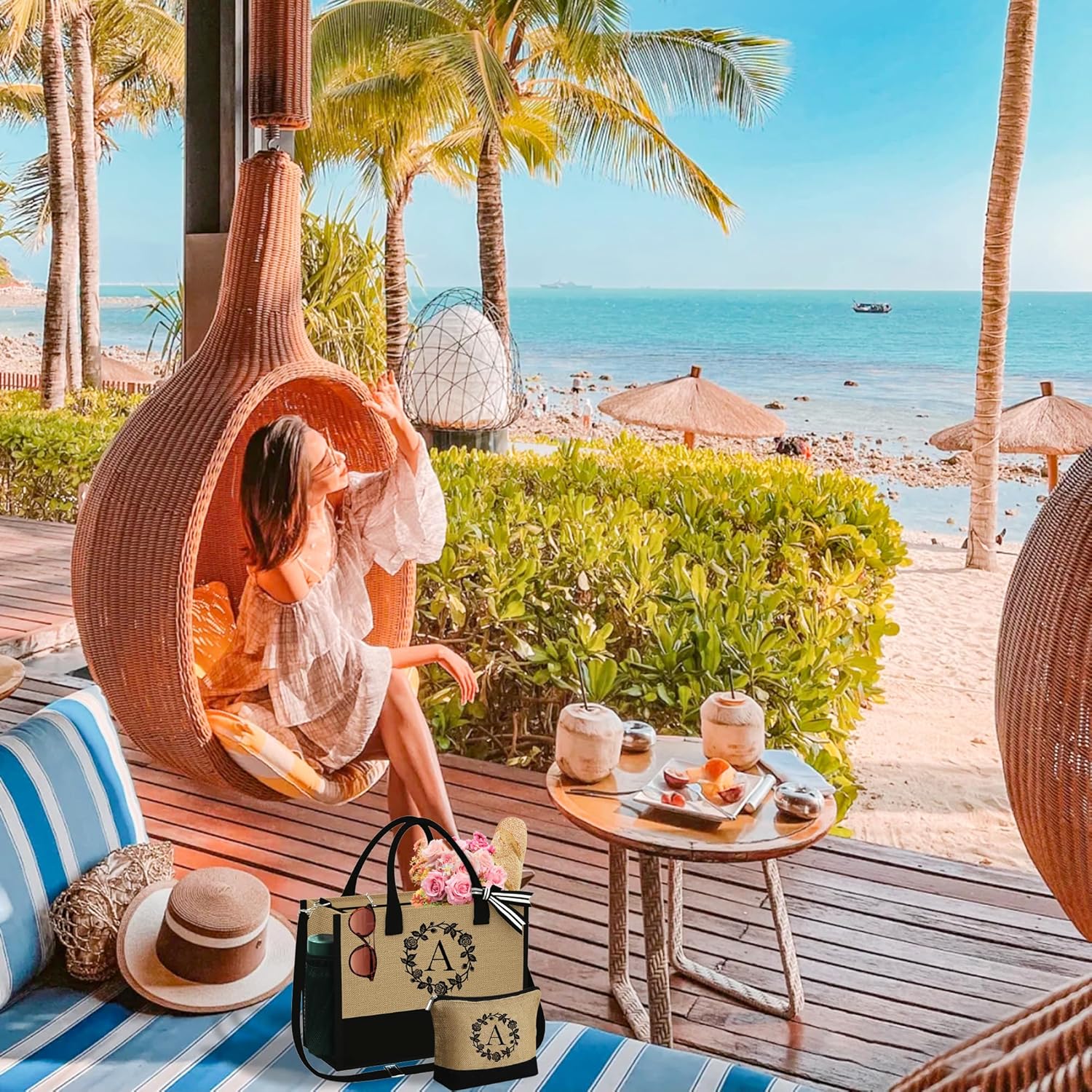 Regalos para mujeres  Bolsa de yute con inicial de playa y bolsa de maquillaje, regalos de graduación 2024, regalos de cumpleaños para mejor amiga