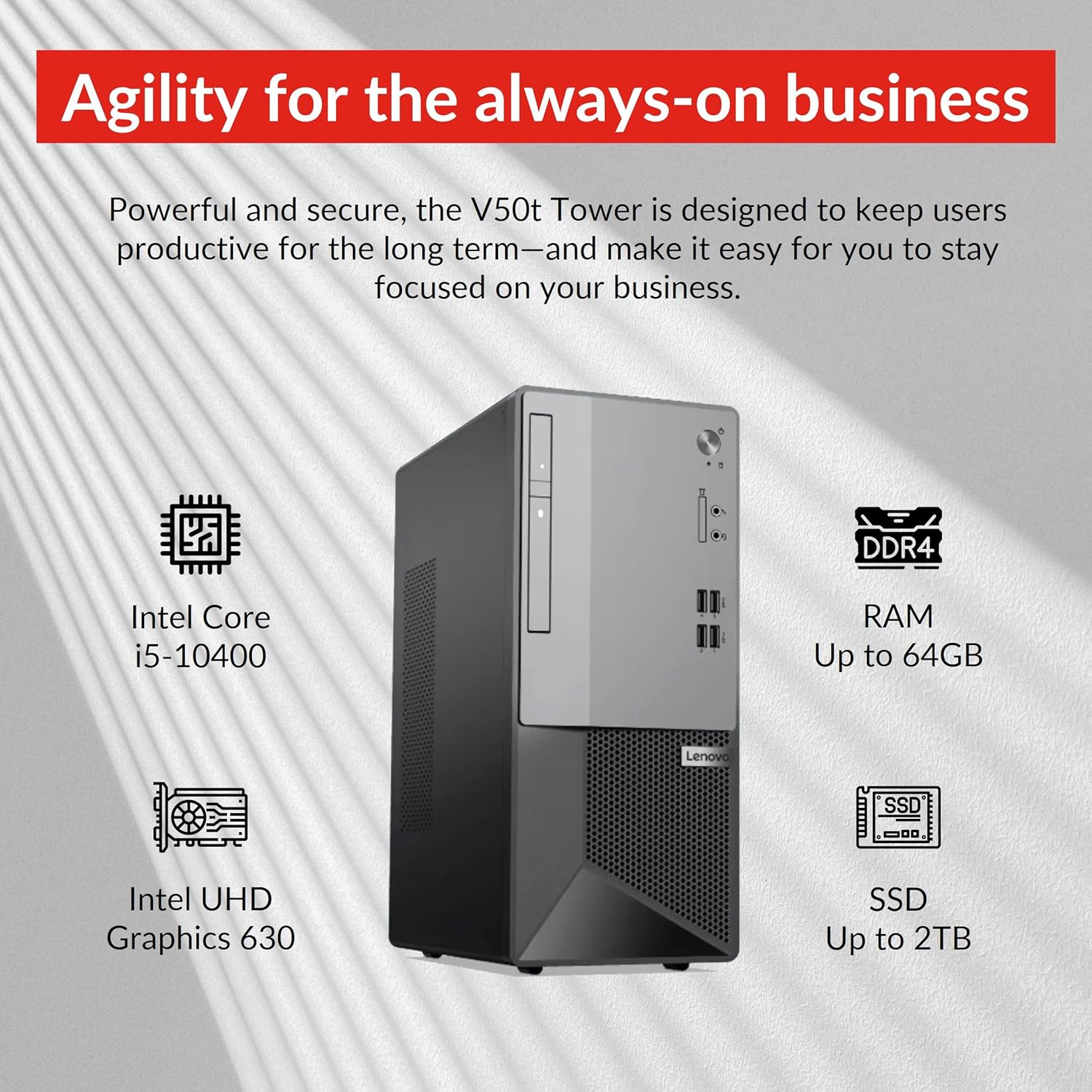 Lenovo V50t Gen 2 Business Tower – Escritorio con Intel Core i5-10400, 16 GB RAM DDR4, SSD PCIe M.2 de 512 GB, sin Wi-Fi, DVD-RW, puerto de