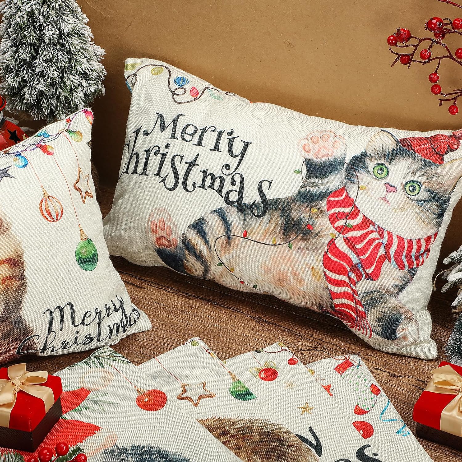 6 fundas de almohada de Feliz Navidad de 12 x 20 pulgadas, fundas decorativas de casa de campo de gato, fundas de almohada decorativas de invierno