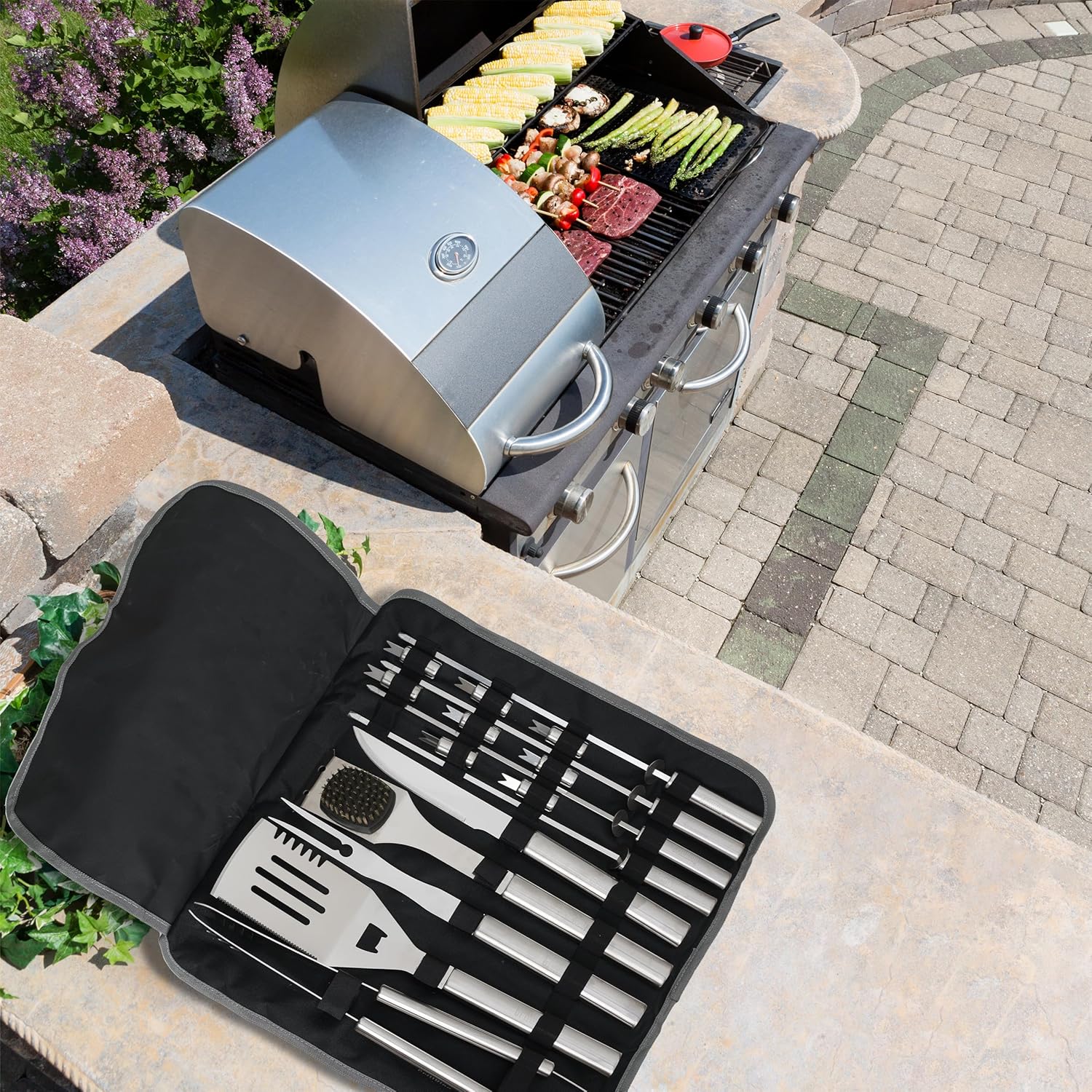 Juego de herramientas para barbacoa, 18 piezas de acero inoxidable, utensilios de barbacoa resistentes y accesorios para asar con estuche de