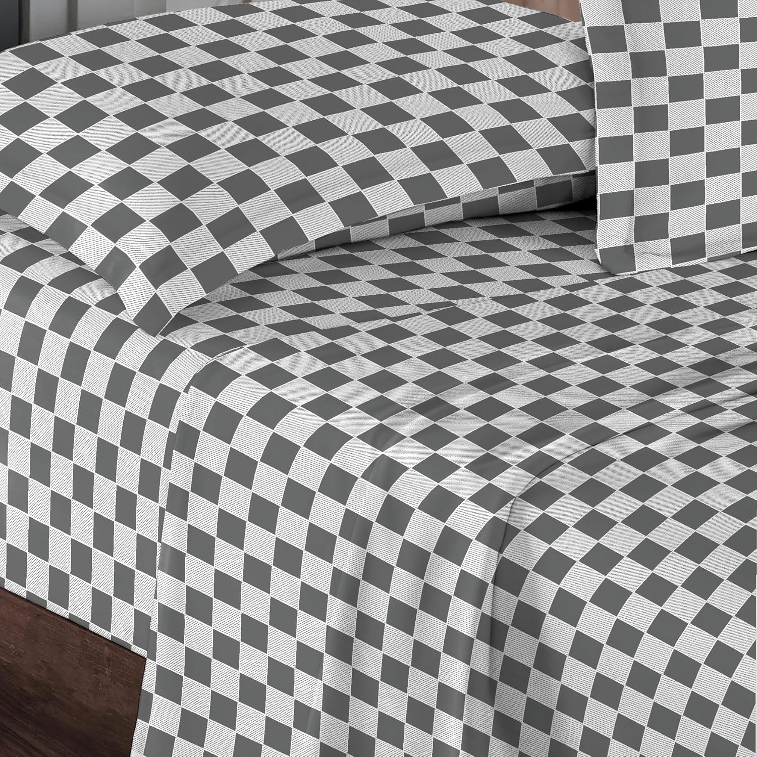 Pizuna Juego de sábanas de algodón gris con estampado a cuadros de tamaño matrimonial, sábanas de 400 hilos 100% algodón satinado, 100 % algodón