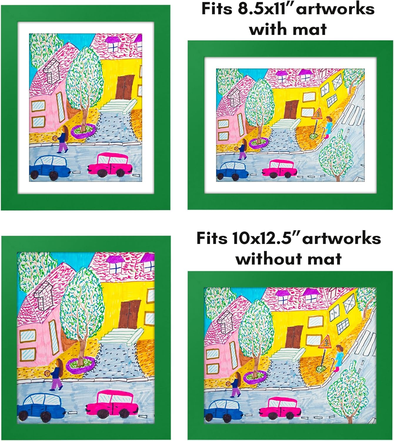 Americanflat Marco para obras de arte infantiles, carga frontal, verde trébol, 8.5 x 11 pulgadas con paspartú o 10 x 12.5 sin él, formato de