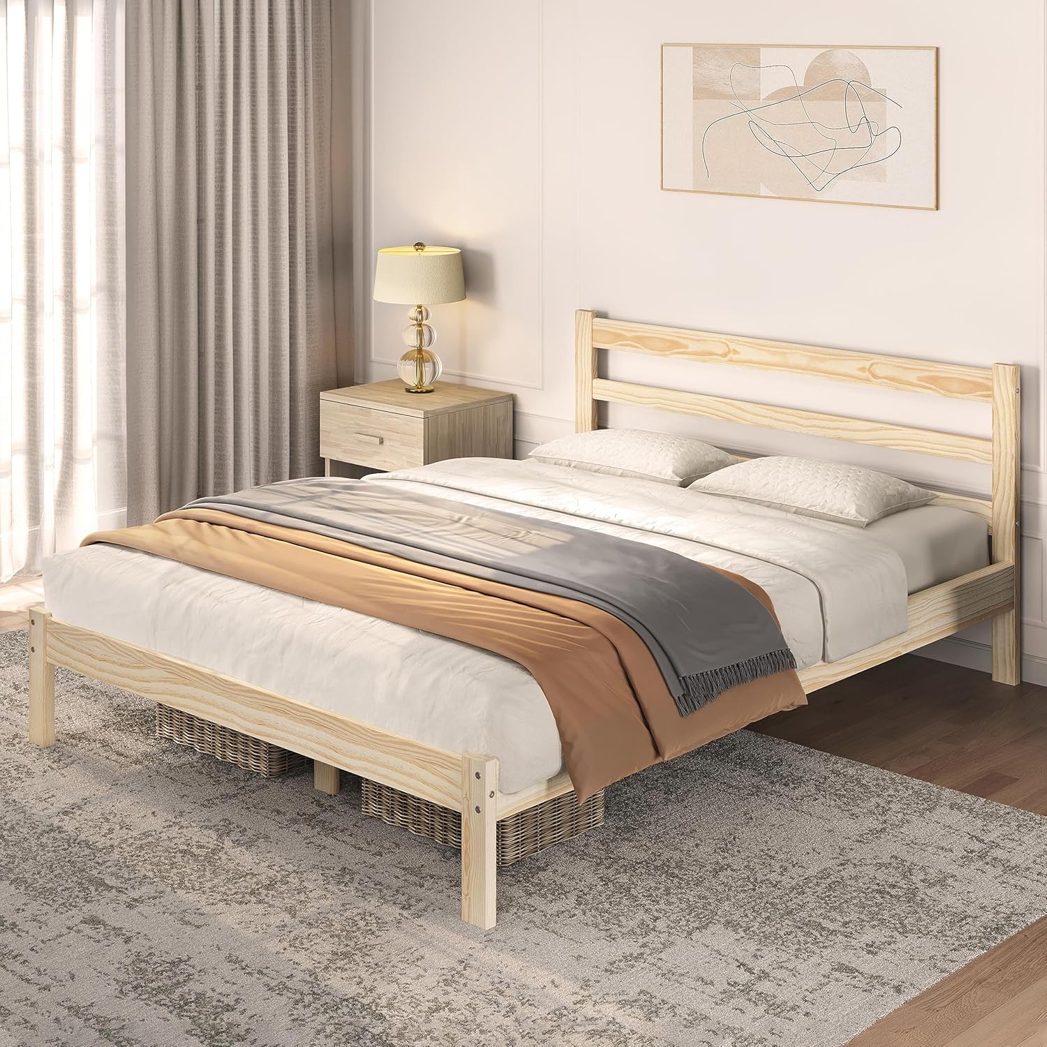 Yaheetech Base de cama Queen con plataforma de madera de pino maciza con cabecera con paneles, estilo Wicklow, soporte de listones de madera, sin