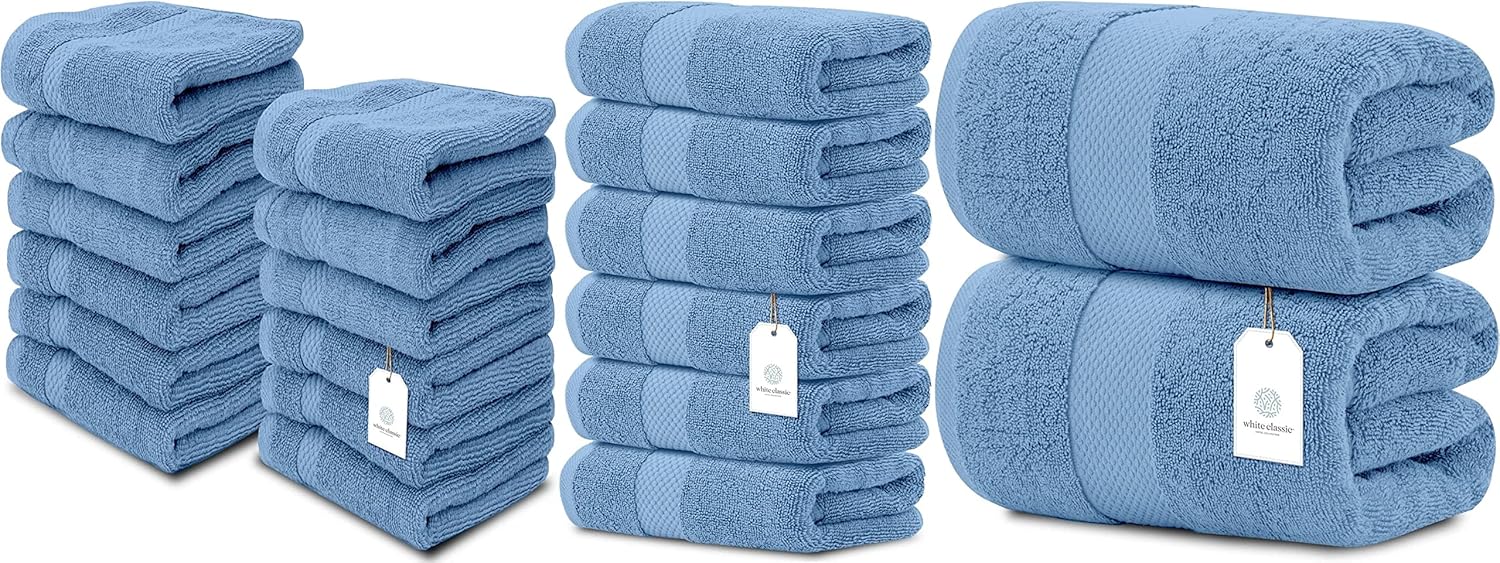 White Classic Toallas de algodón de lujo, paquete de 12 toallas de mano de lujo, paquete de 6 toallas de baño de lujo, paquete de 2 unidades (azul