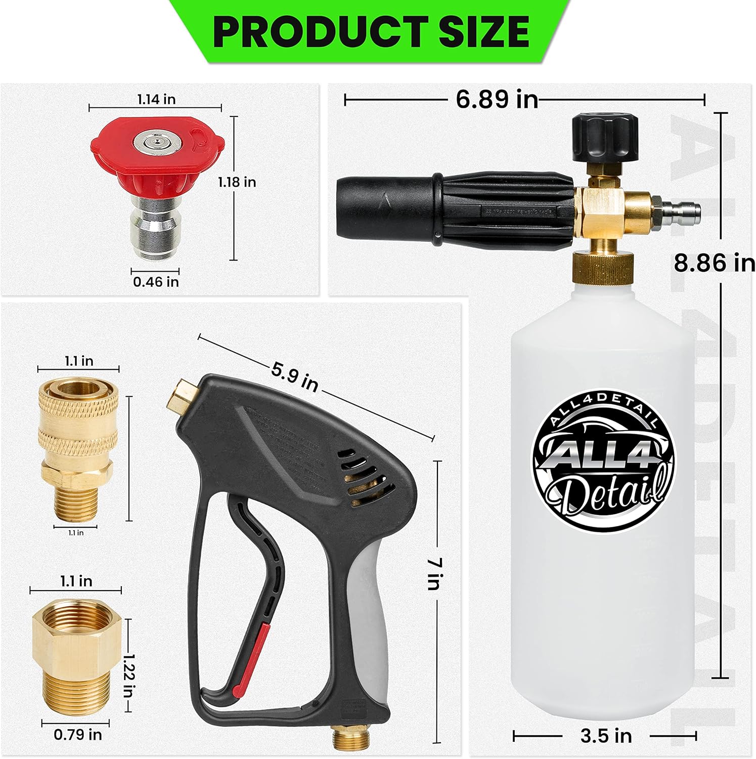 ALL4DETAIL Cañón de espuma prémium con pistola de lavado a presión de 5000 PSI, pistola de lavado eléctrico con conector rápido de 14 pulgadas, 5