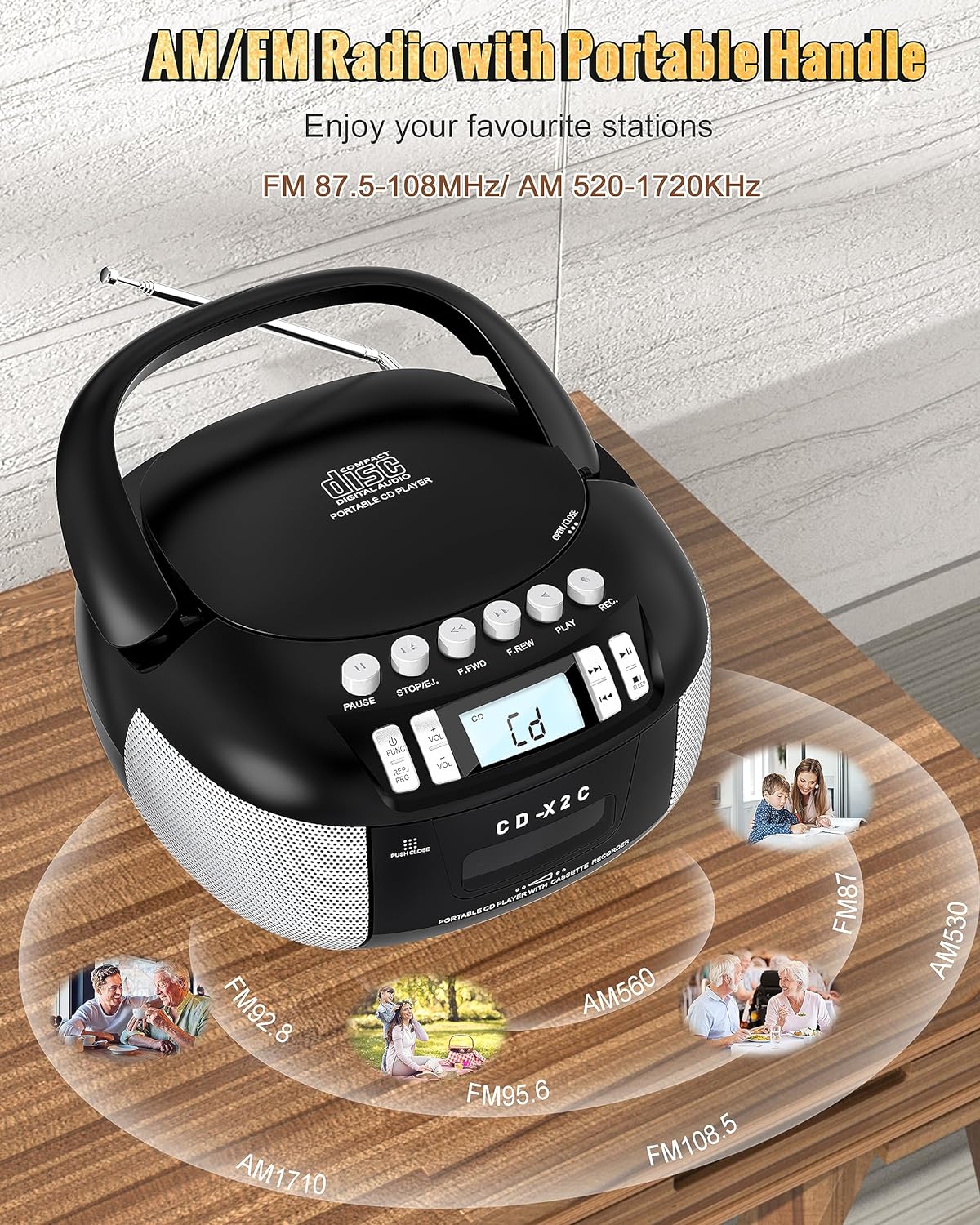Boombox – Reproductor de CD portátil con radio AMFM, combo de CD Sunoony y reproductor de cassette, grabación de cinta, sonido estéreo, alimentado