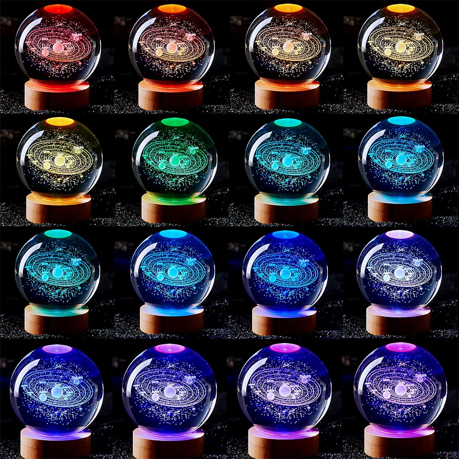 Lámpara de bola de cristal del sistema solar 3D, luz nocturna de bola de cristal K9 de 3.15 pulgadas con base de madera, 16 colores cambiantes con