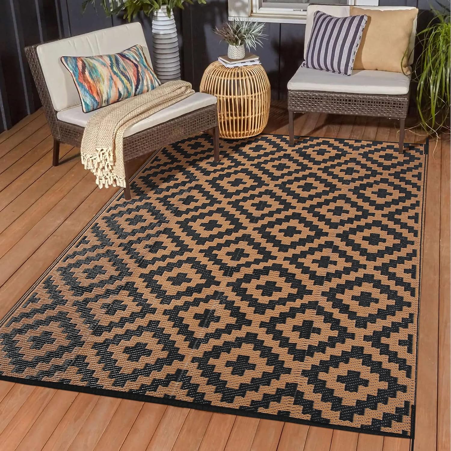 Alfombra de patio al aire libre, impermeable, 5 x 8 pies, alfombra de paja de plástico grande para suelo y exterior, alfombras reversibles para