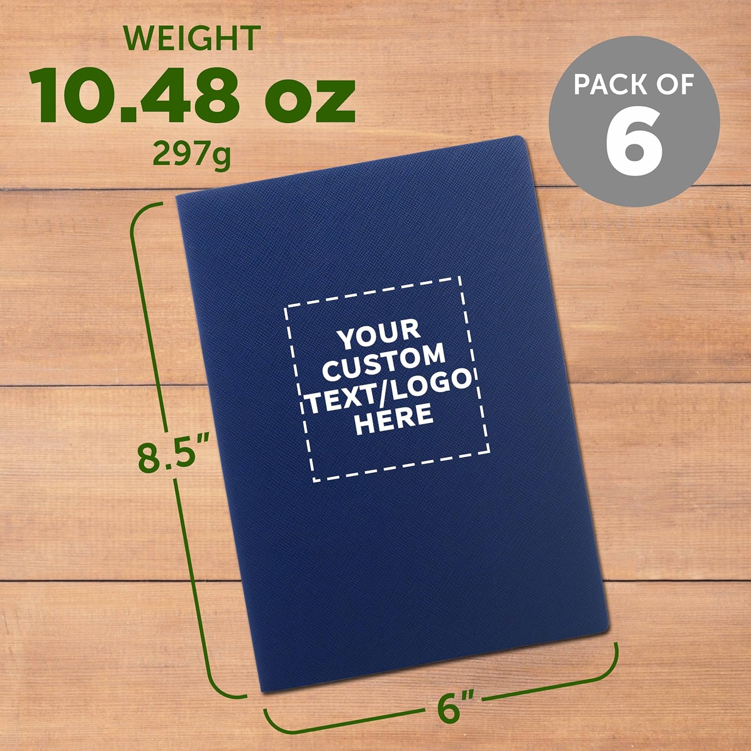 DISCOUNT PROMOS Charleston Soft Bound – Paquete de 6 diarios con texto personalizable, logotipo, papel marfil, punteados, líneas, con marcapáginas,