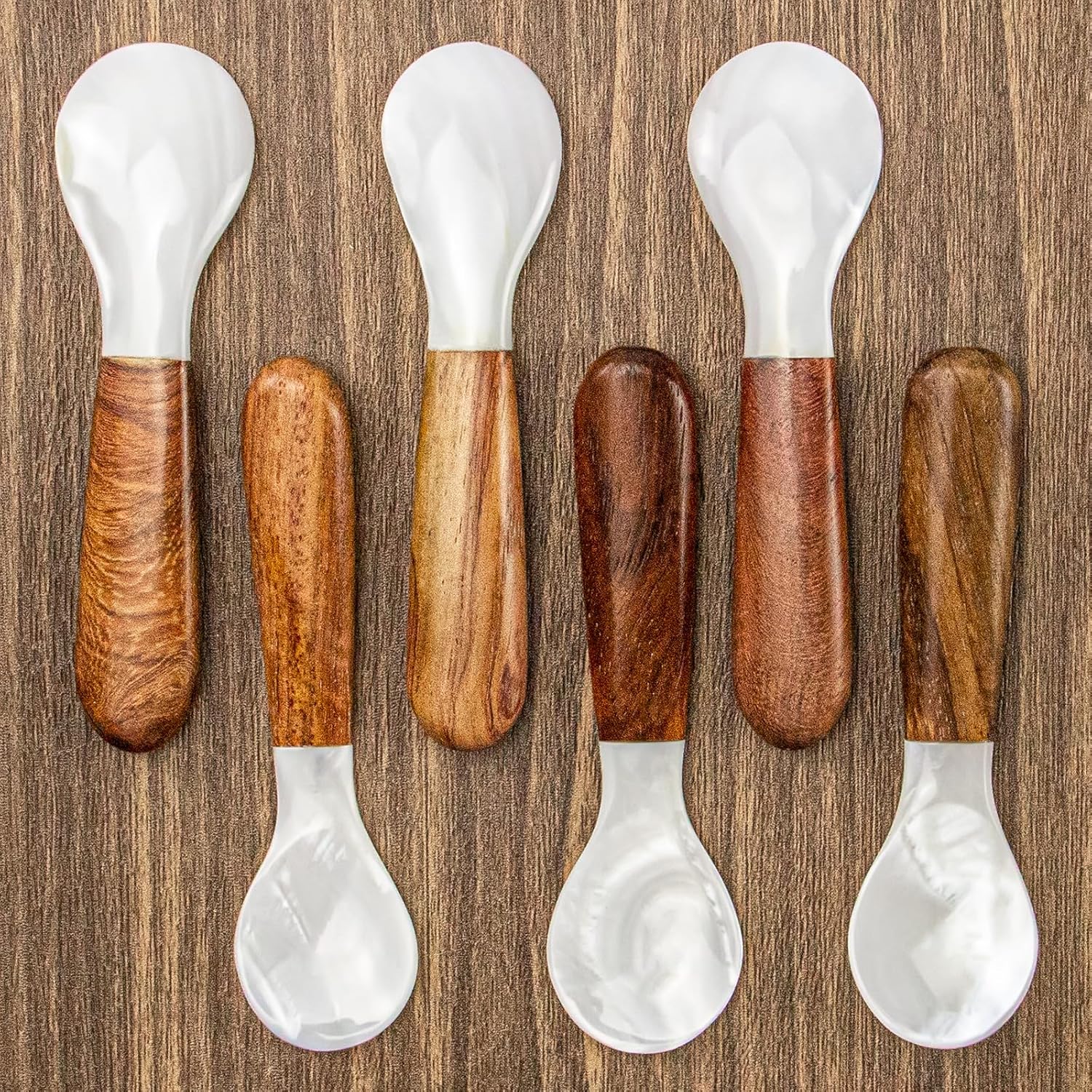 DUEBEL Juego de 6 cucharas de caviar de mango de madera, cucharas de nácar de 4 pulgadas para servir caviar, servir huevos, deroración de catering