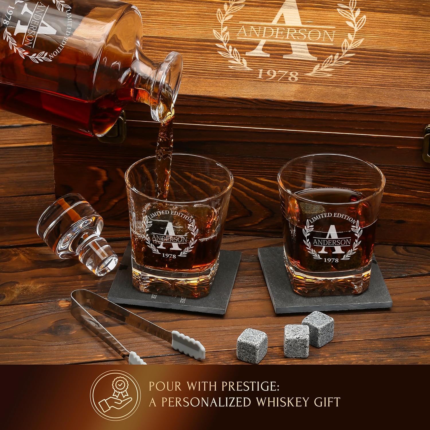 Juego de decantador de whisky personalizado y piedras, regalo personalizado para él, hombres, papá, padre, decantador clásico redondo grabado,