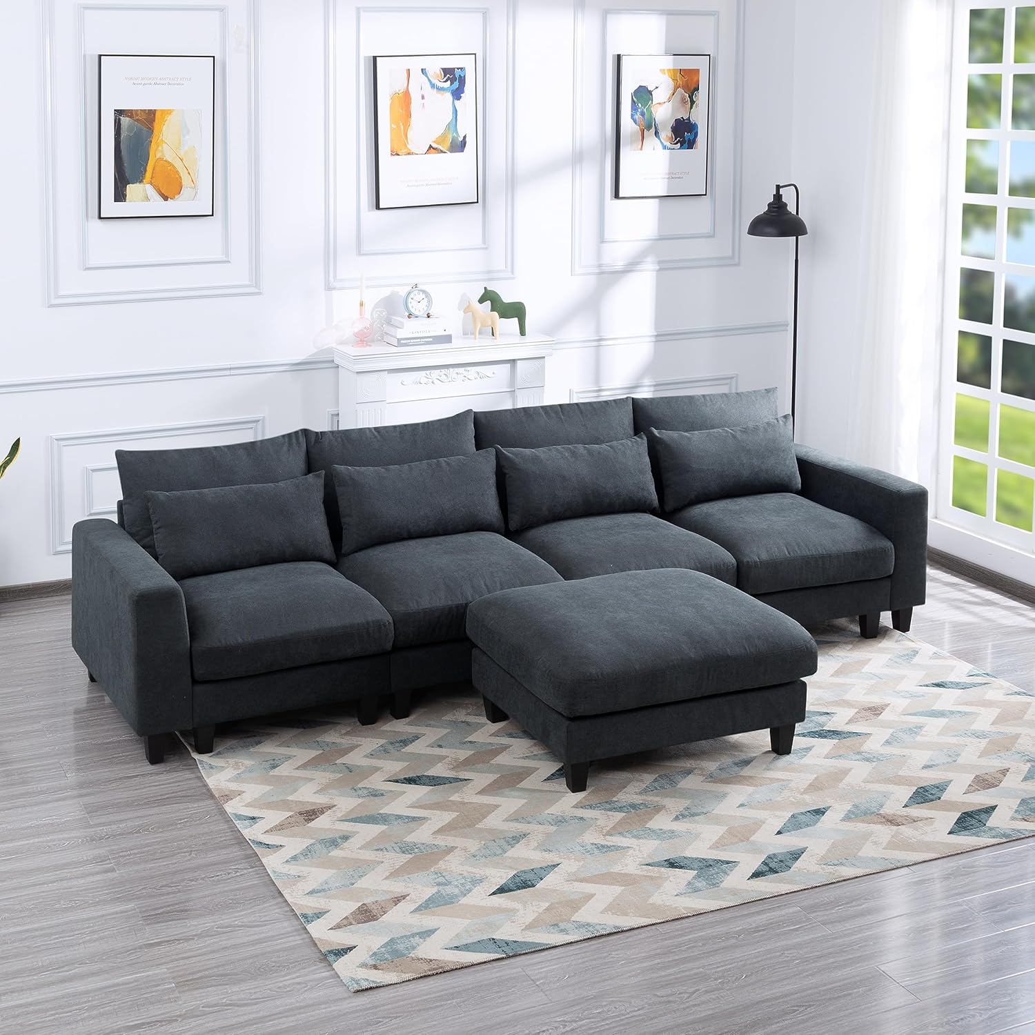 HBRR Sofá modular en forma de L, moderna tumbona seccional tapizada y otomana, 4 almohadas lumbares, sofá de gran tamaño de 5 asientos para sala de
