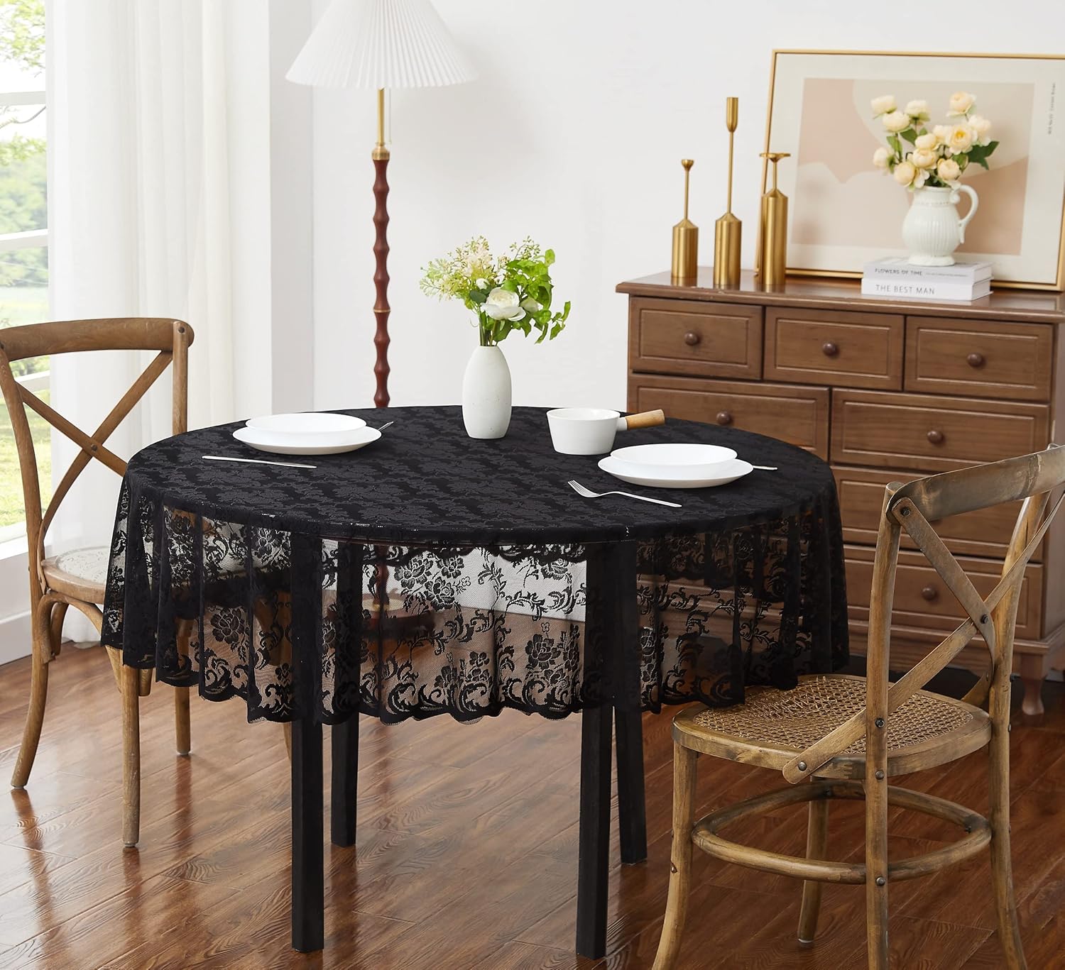 WARM HOME DESIGNS Mantel para el Día de la Madre. Mantel redondo negro de 70 pulgadas. Elegante mantel de encaje para mesas redondas con diseño