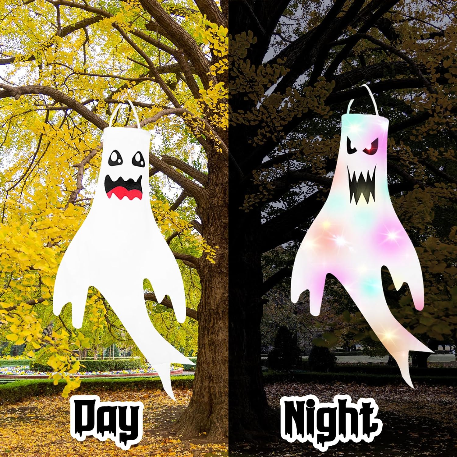 Dokeawo 2 piezas de decoración de Halloween, calcetines de viento fantasma de 47 pulgadas, decoración de Halloween colgante con luz LED para