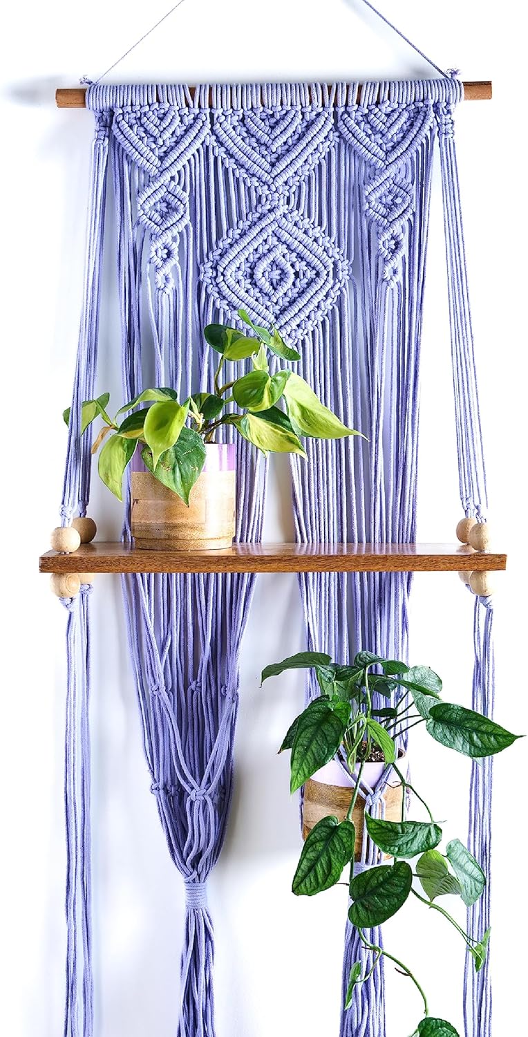 Estante para colgar en la pared de madera dura y macramé (lavanda)  1 estante y 2 ganchos para macetas de 4 pulgadas  de origen sostenible, 17 x