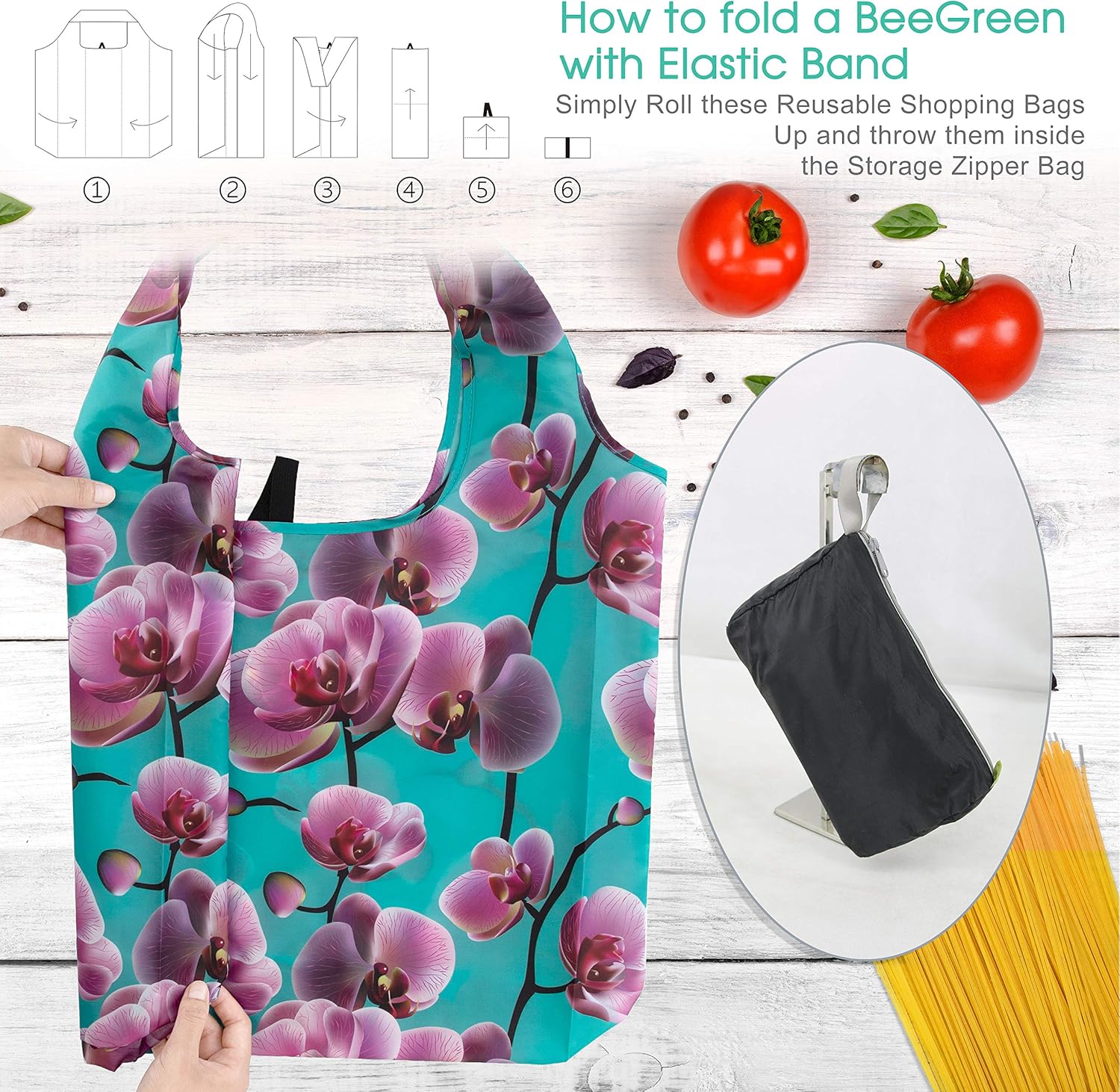 10 bolsas lavables, reutilizables,plegables y con estampados florales para compras, con bolsa de almacenamiento con cremallera, extra grandes, de 50