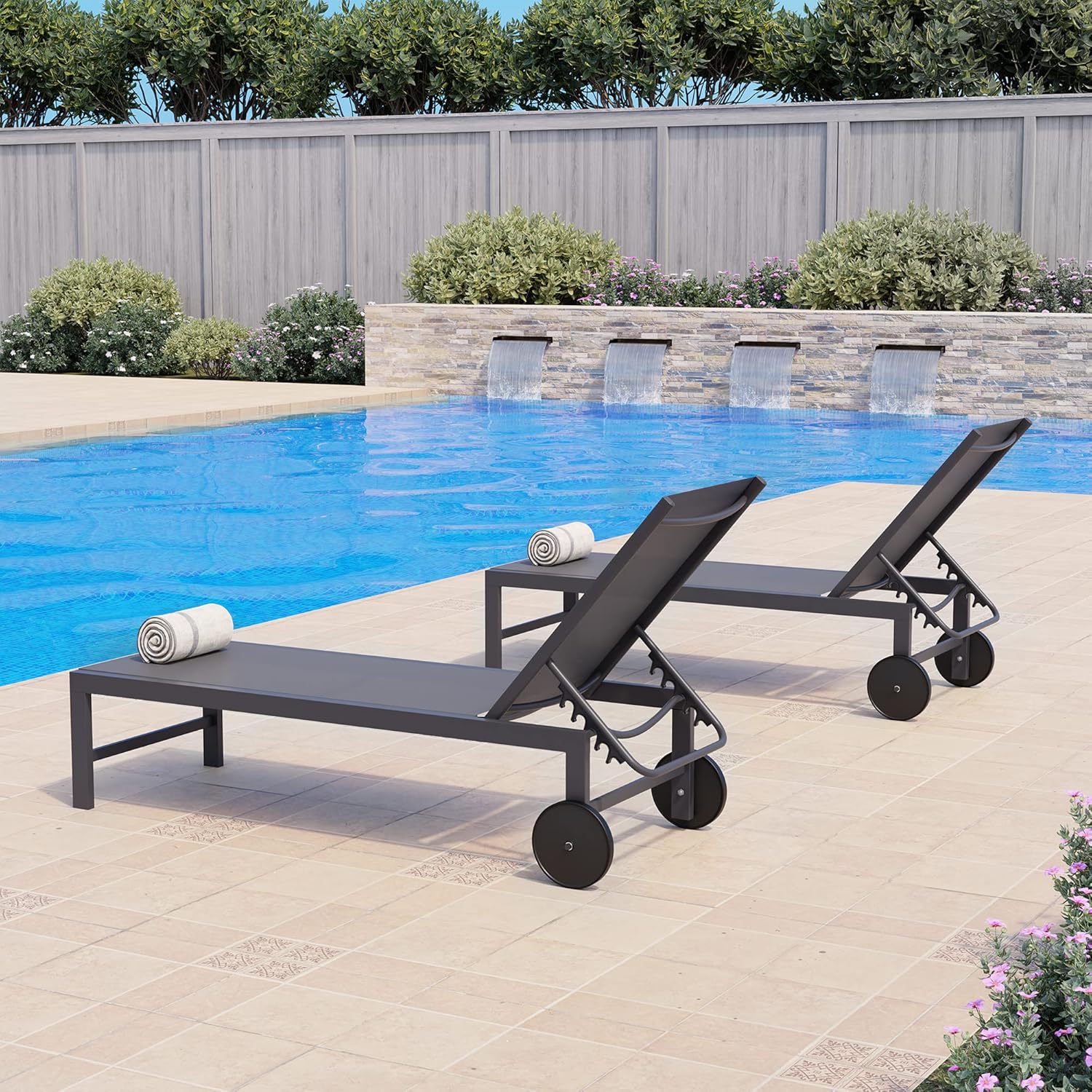 QAQA – 2 tumbonas para exteriores con ruedas, silla de aluminio para patio con 5 posiciones ajustables para piscina, playa, patio, gris oscuro