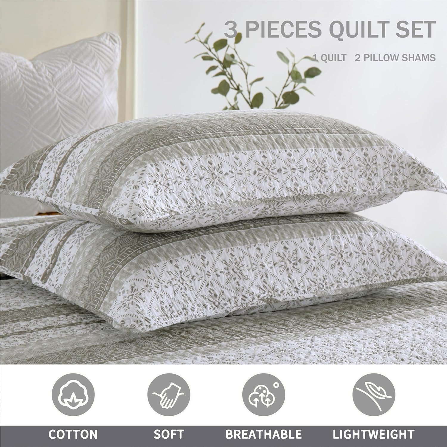 Homzard Juego de edredón Queen con rayas horizontales grises y blancas, vintage, geométrico, floral, 100% algodón, juego de ropa de cama de 3 piezas