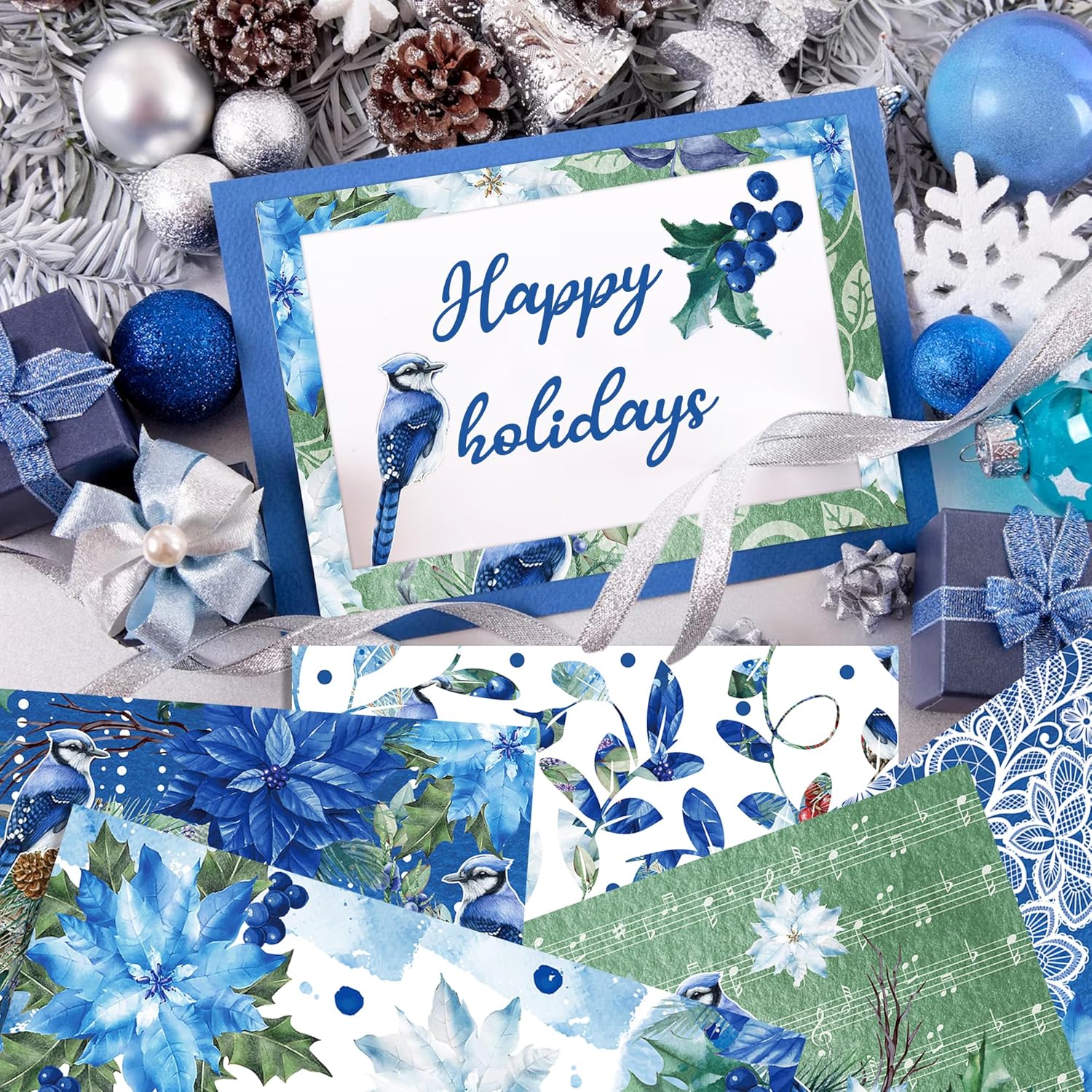 GLKTOPO Papel de recortes de Pascua de Navidad de 12 pulgadas, 24 hojas de Navidad de doble cara azul y rojo con patrón de flores de acuarela para