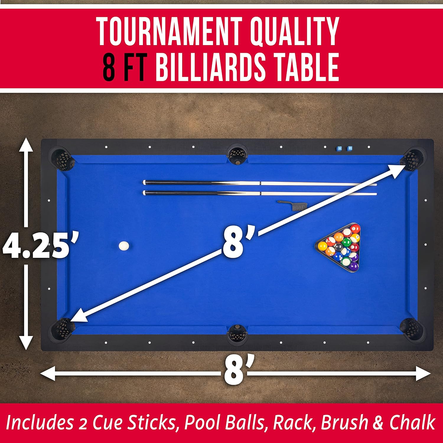GoSports 8 ft Pool Table with Wood Finish – Modern Billiards Table with 2 Cue Sticks, Balls, Rack, Felt Brush and Chalk