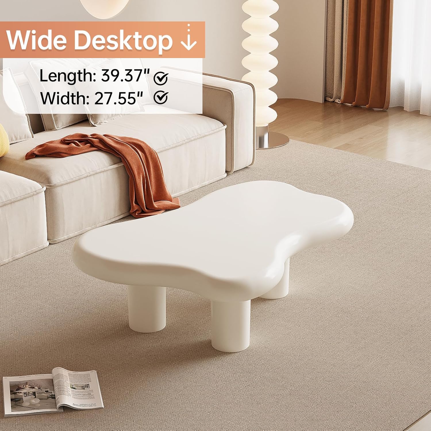 Mesa auxiliar blanca crema, mesa central baja de forma irregular, mesa auxiliar única para sala de estar, estilo nórdico moderno, lindo, mesa