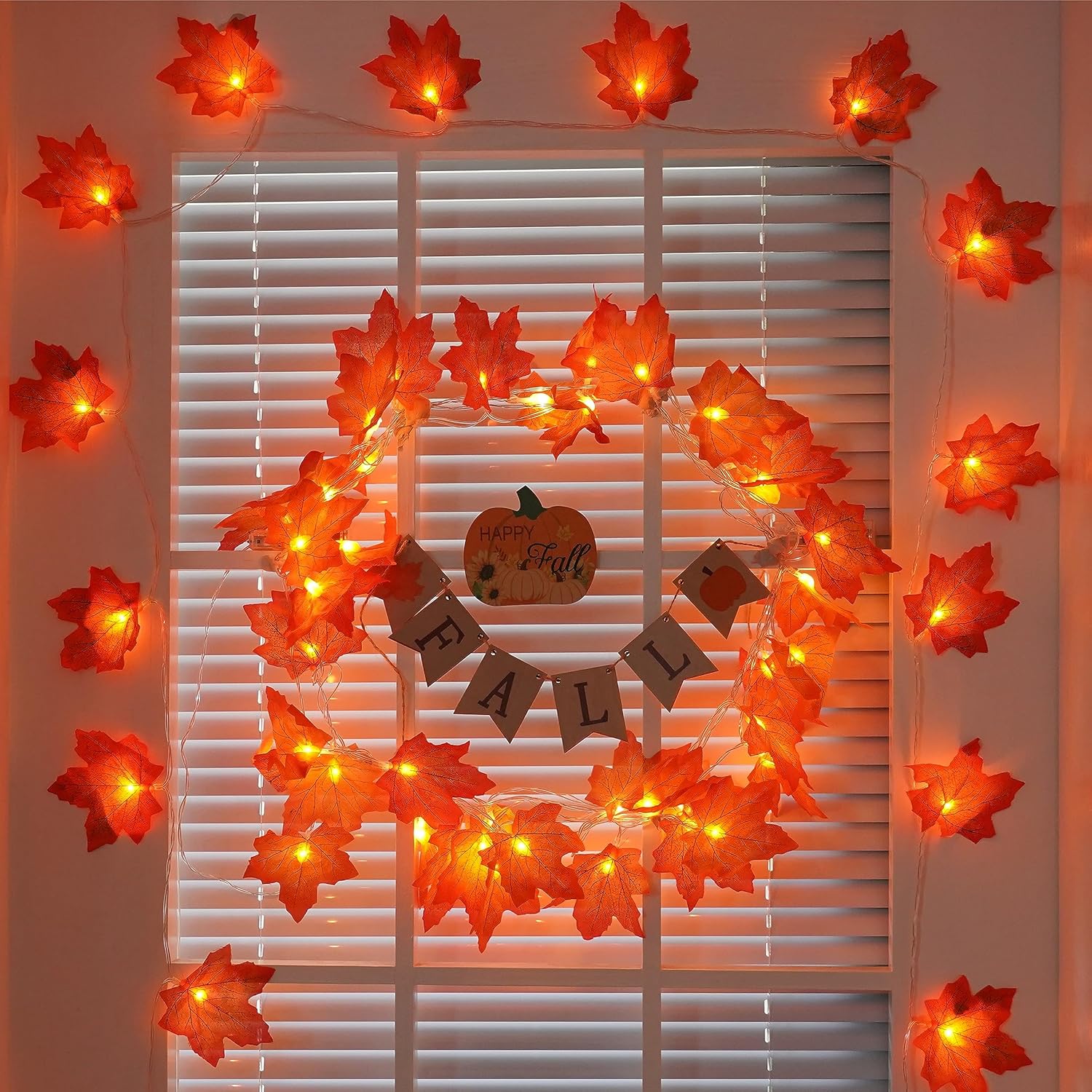 YEGUO 2 piezas de decoración de otoño para el hogar, total de 20 pies, 40 luces LED de hojas de arce con batería4 paquetes de 100 luces LED solares