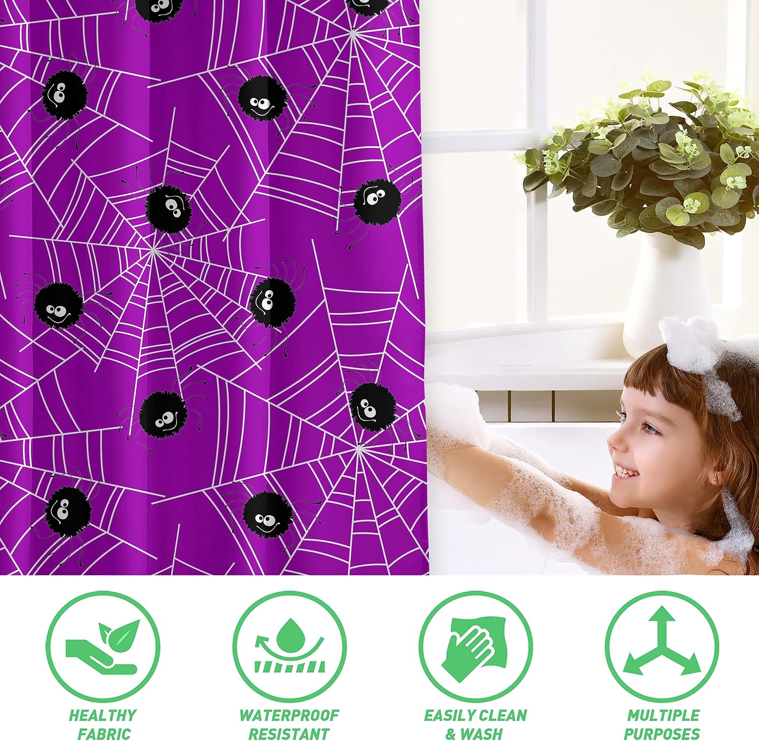 Cortina de ducha de Halloween, telaraña de Halloween, cortinas de ducha moradas espeluznantes para baño, decoración del hogar de Halloween, tela
