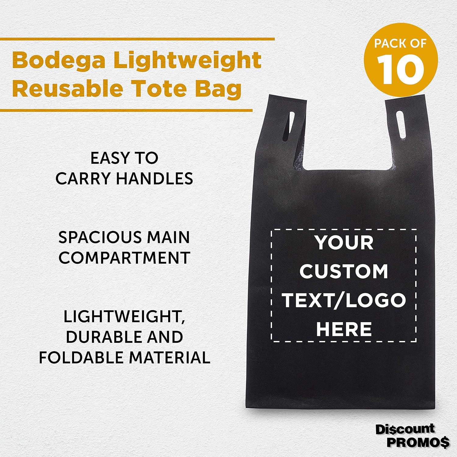 DISCOUNT PROMOS Bodega – Juego de 10 bolsas de mano ligeras personalizadas, reutilizables, ideales para comestibles, ferias comerciales, recuerdos