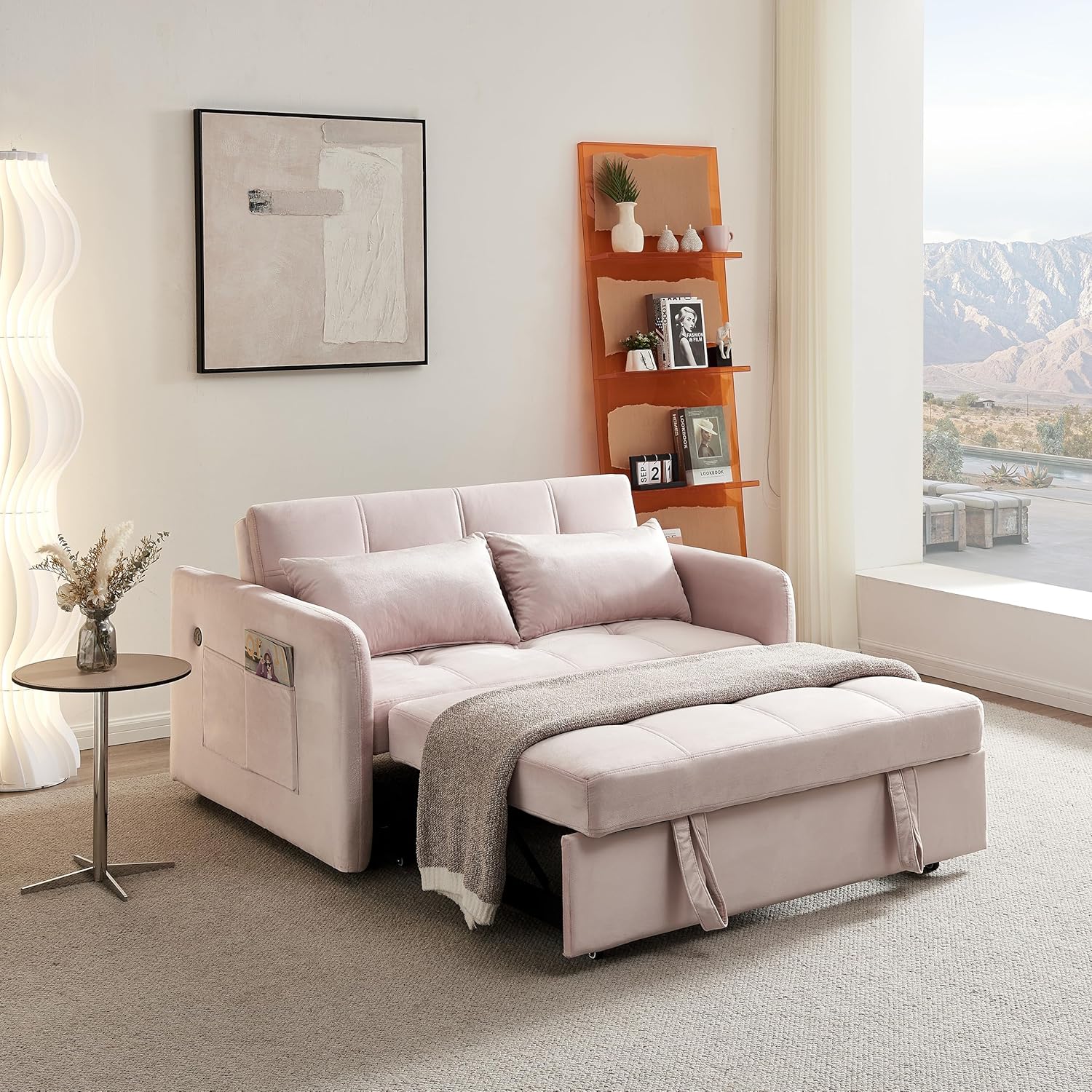 Sofá cama convertible de terciopelo moderno con respaldo ajustable de 55 pulgadas, sofá cama pequeño con dos almohadas y bolsillos laterales para