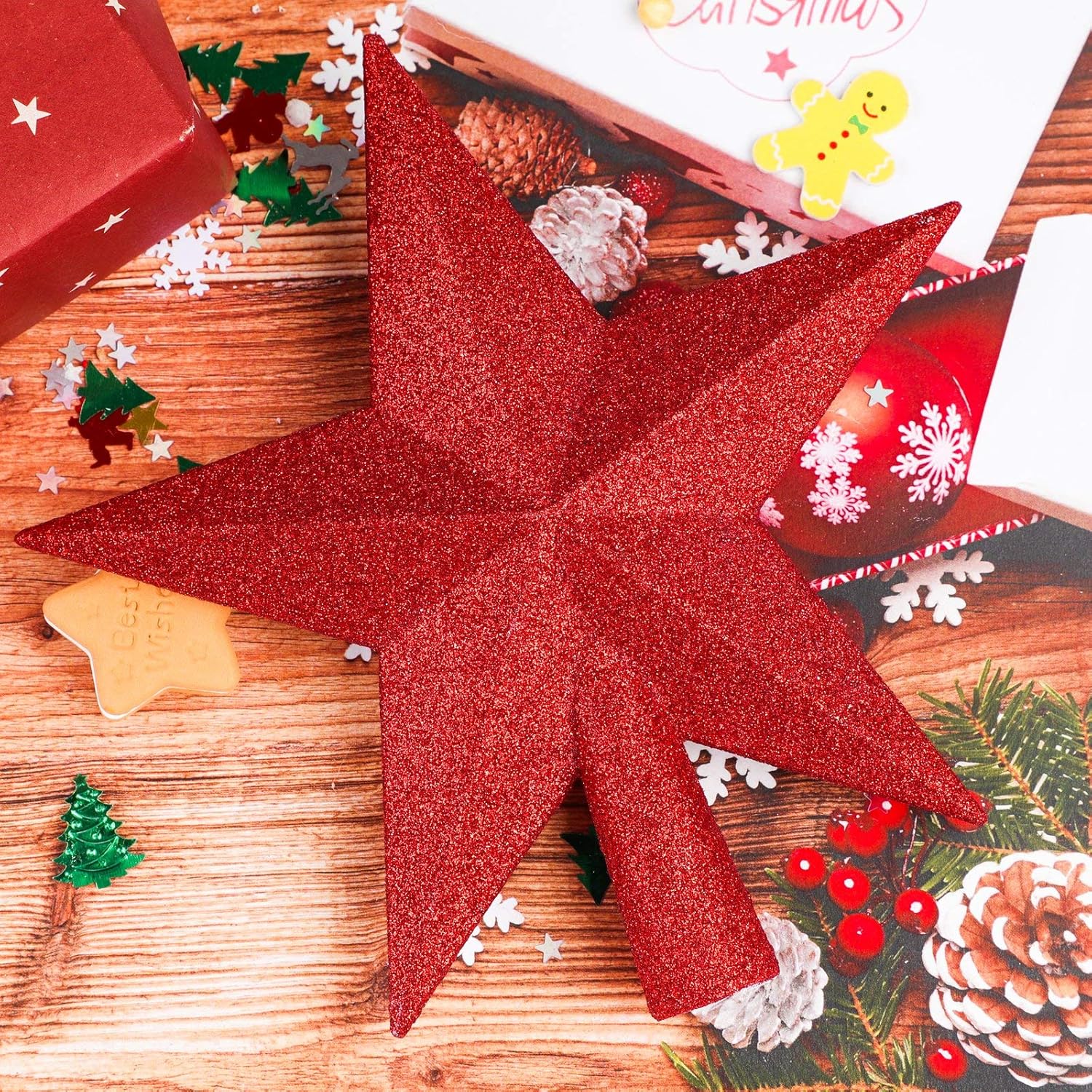 URATOT – Adorno decorativo para copa de árbol de Navidad, diseño de estrella brillante con purpurina, inastillable