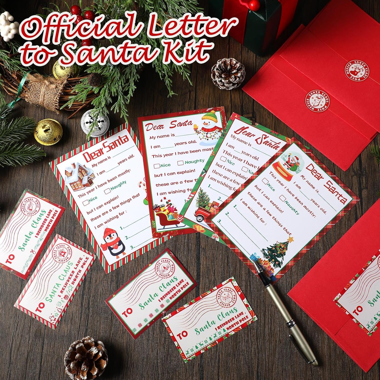 Kit oficial de 192 piezas de carta a Papá Noel, incluye 48 tarjetas de Navidad con 48 sobres rojos a juego, 48 sellos, 48 calcomanías de 5 x 7