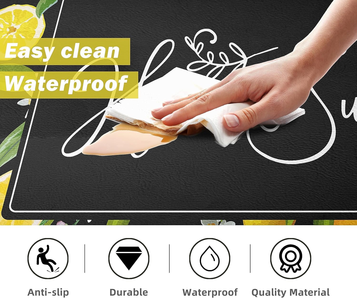 chiinvent Lemon – Juego de 2 tapetes de cocina antifatiga para piso, color negro, amarillo, antideslizantes, lavables, juego de 2 tapetes acolchados
