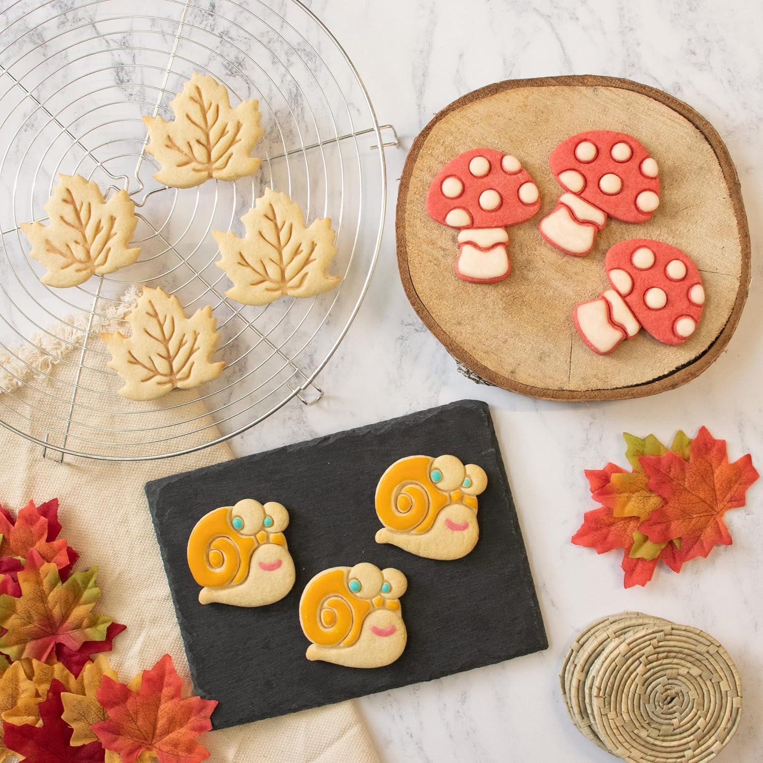 Juego de 3 cortadores de galletas con temática caprichosa (diseños seta, caracol, y hoja de arce), 3 piezas – Bakerlogy