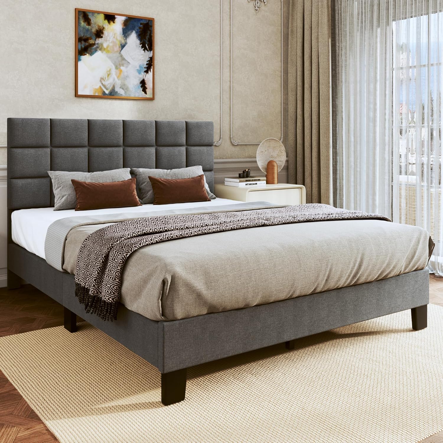 Base de cama tamaño matrimonial tapizada con cabecero ajustable de tela de lino, cabecera capitonada de tela de lino, soporte de listones de madera,