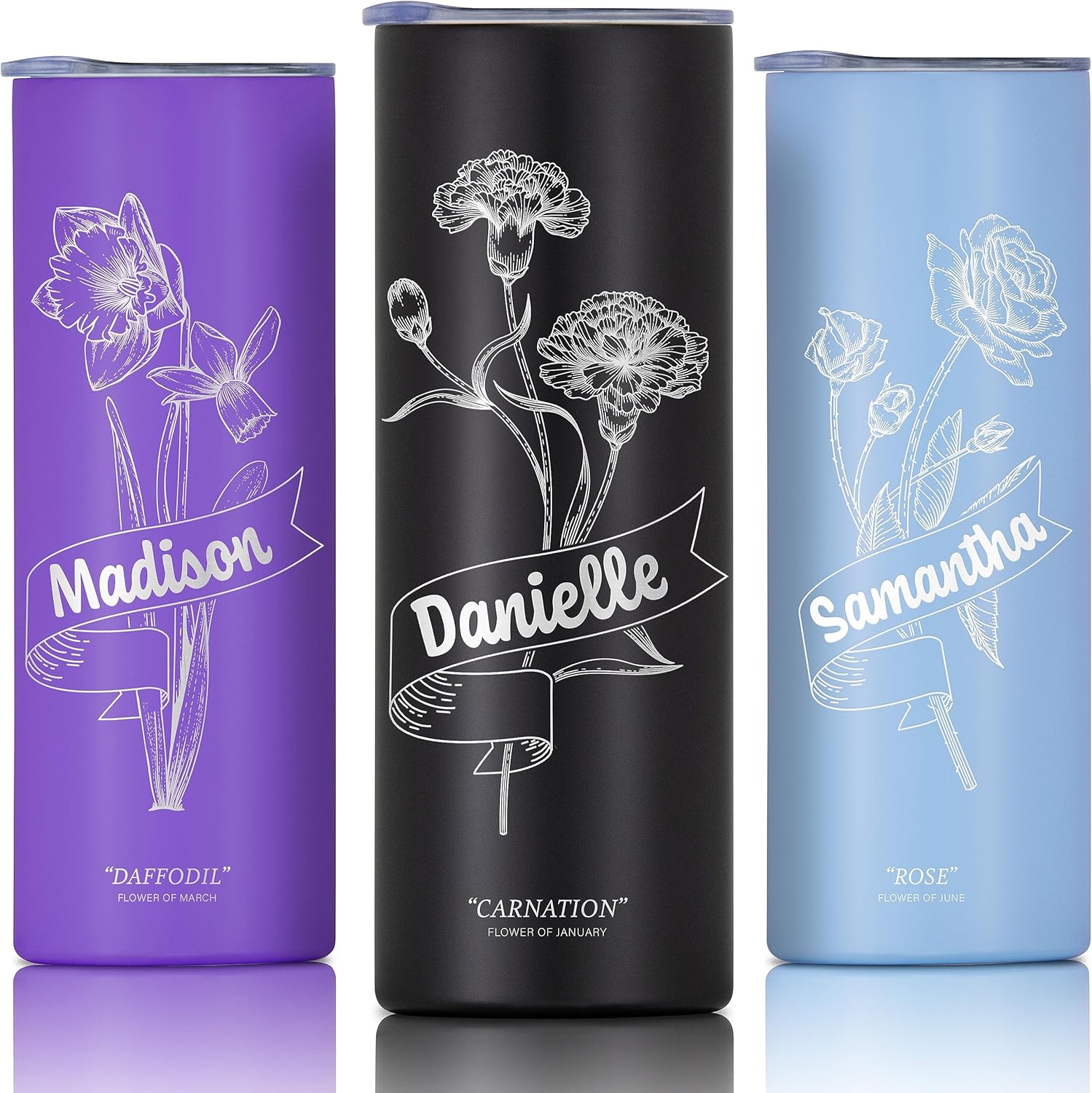 Vaso personalizado con flor de nacimiento grabada y nombre, vaso de café aislado al vacío de acero inoxidable de 20 onzas con tapa deslizante, taza