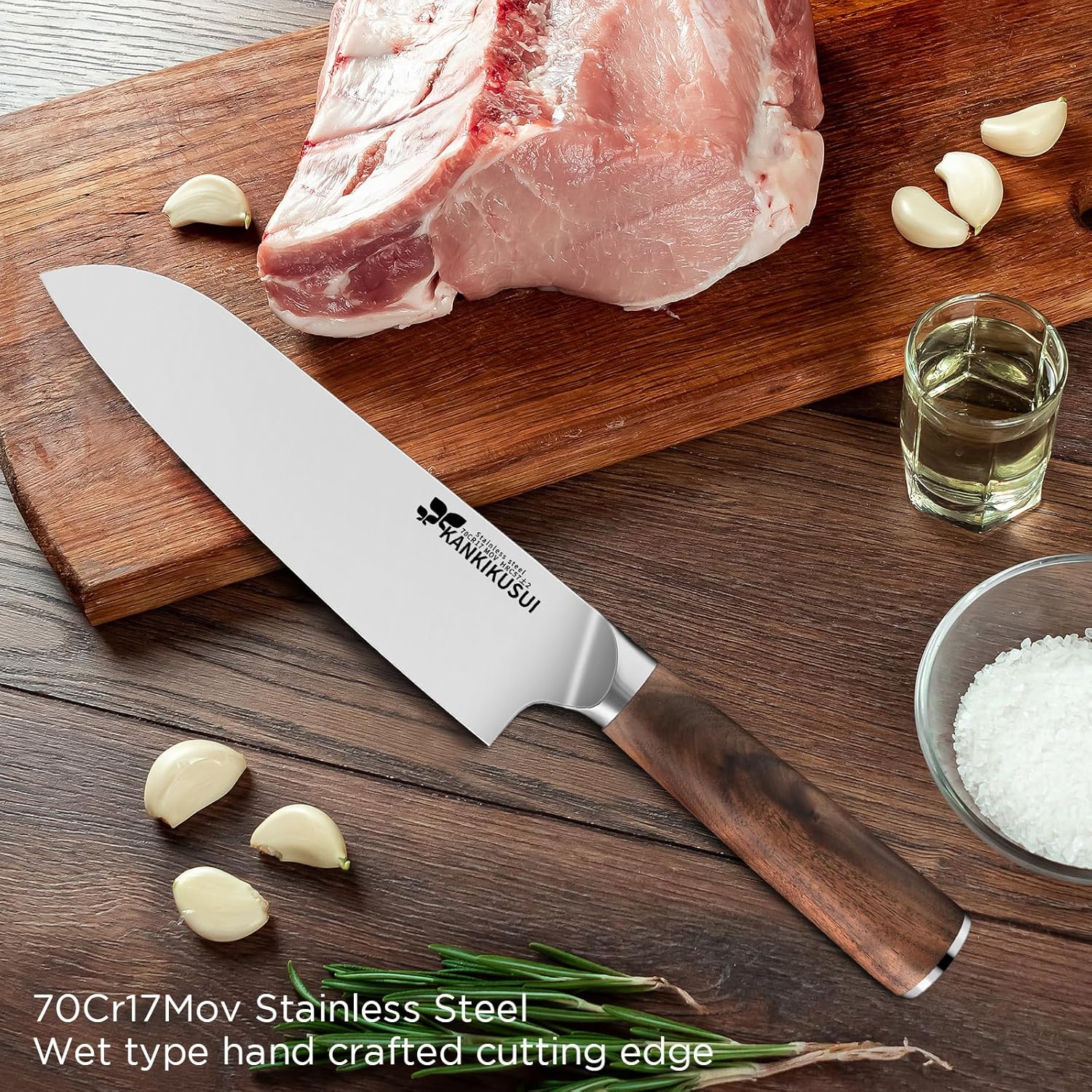Santoku – Cuchillo de 7 pulgadas, 70CR17MOV, cuchillo de alto carbono para carneverdurafruta, juego de cuchillos con funda, sacapuntas, paño de