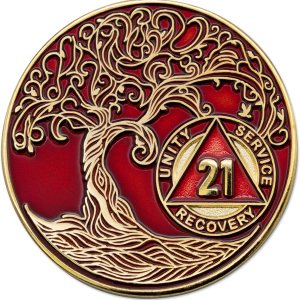 Medallón AA de 21 años, chip de recuperación AA chapado en oro, color rojo Medallón AA de 21 años, chip de recuperación AA chapado en oro, color rojo