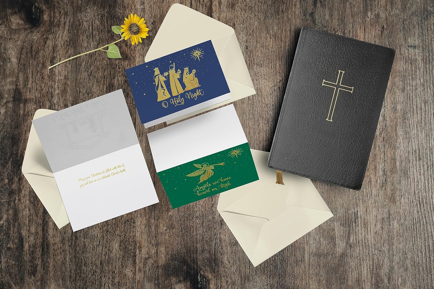Better Office Products Paquete de 50 tarjetas de Navidad religiosas con detalles de lámina dorada en relieve, 5 x 7 pulgadas, alto brillo, saludo